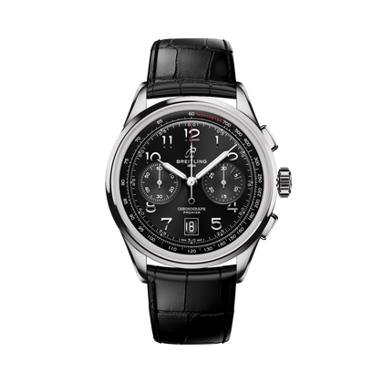 Breitling Premier B01 Chronograph 42 reference AB0145221B1P2 with Black dial, Stainless steel case, alligator strap, front view