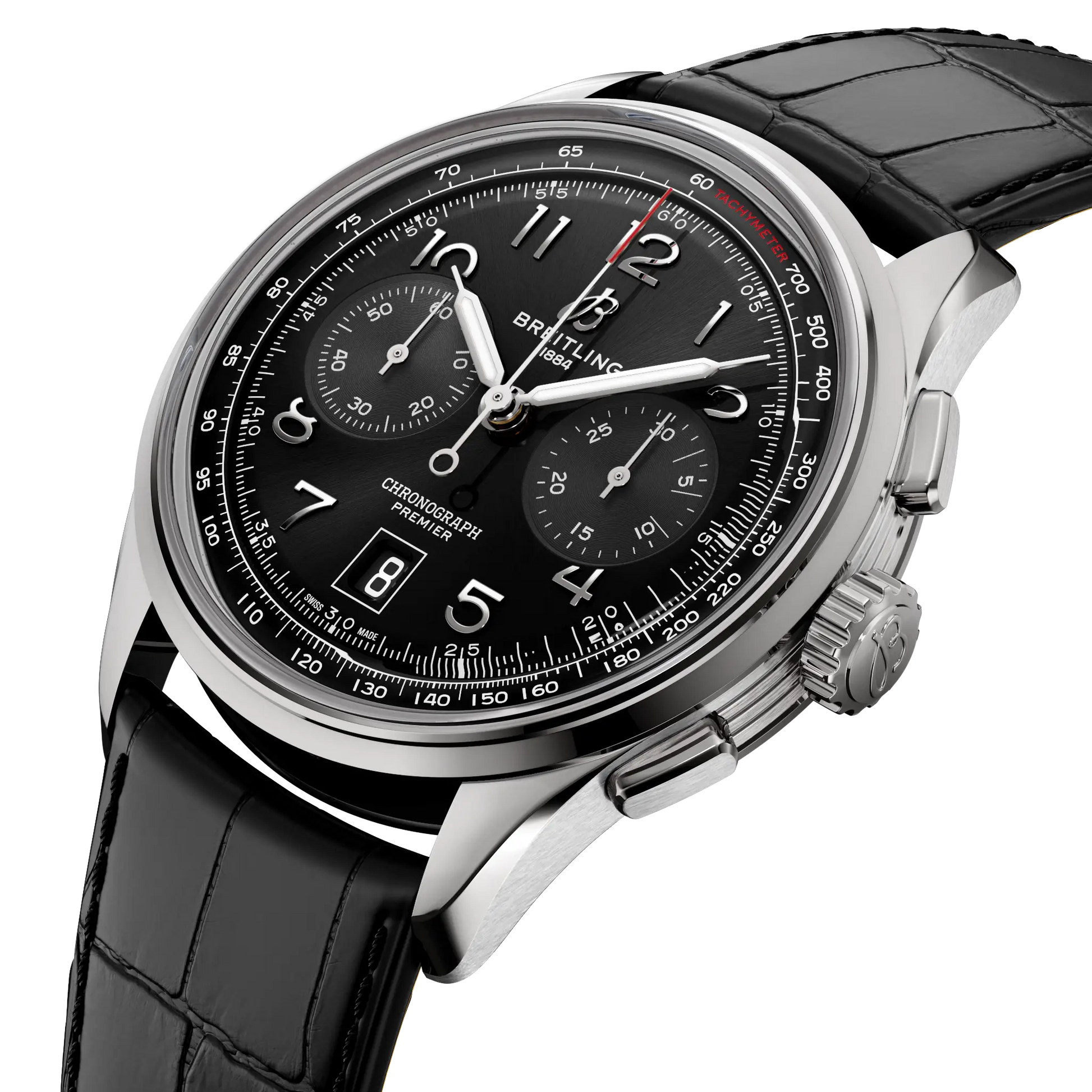 Breitling Premier B01 Chronograph 42 reference AB0145221B1P2 with Black dial, Stainless steel case, alligator strap, three-quarter view