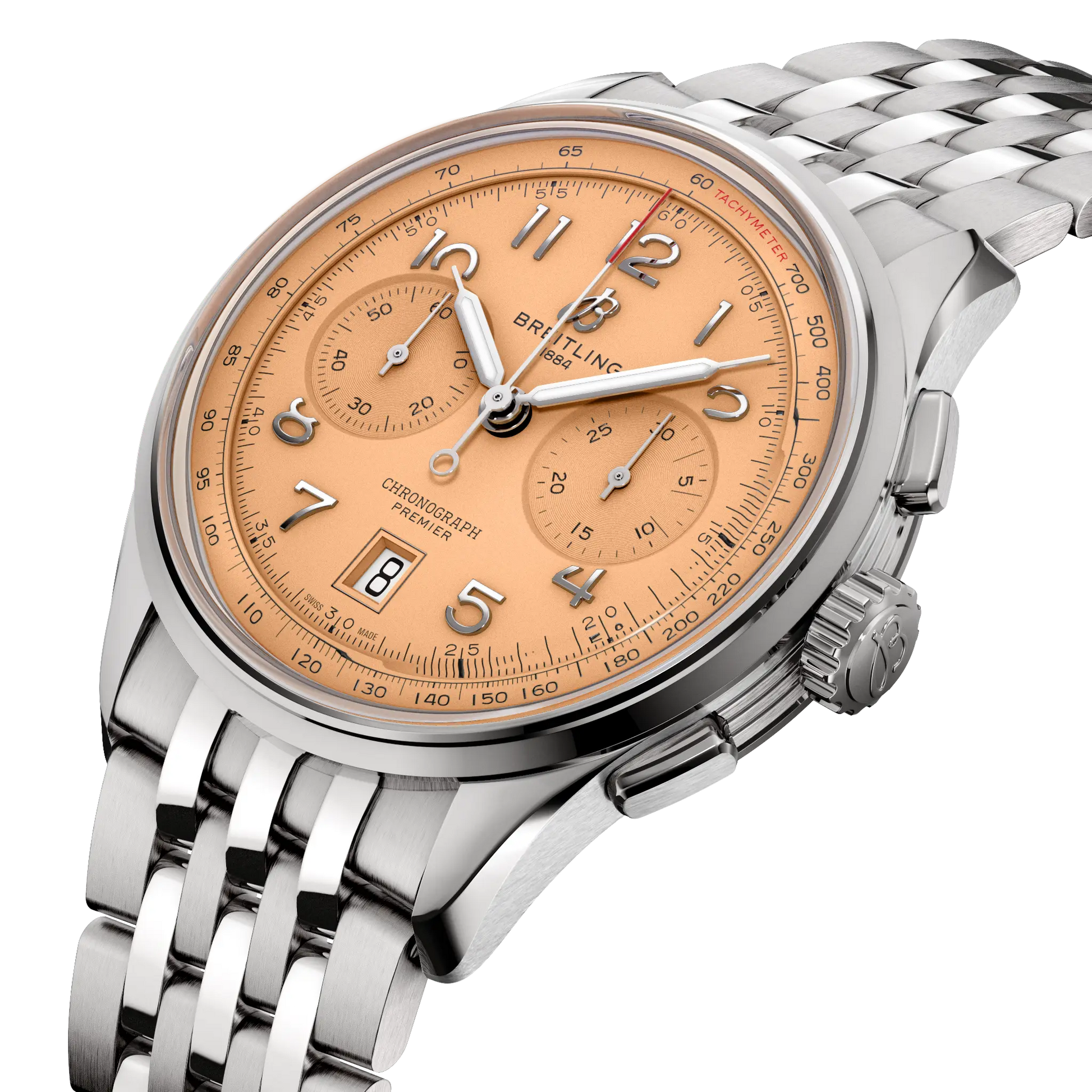 Breitling Premier B01 Chronograph 42 reference AB0145331K1A1 with Copper dial, Stainless steel case, bracelet, three-quarter view