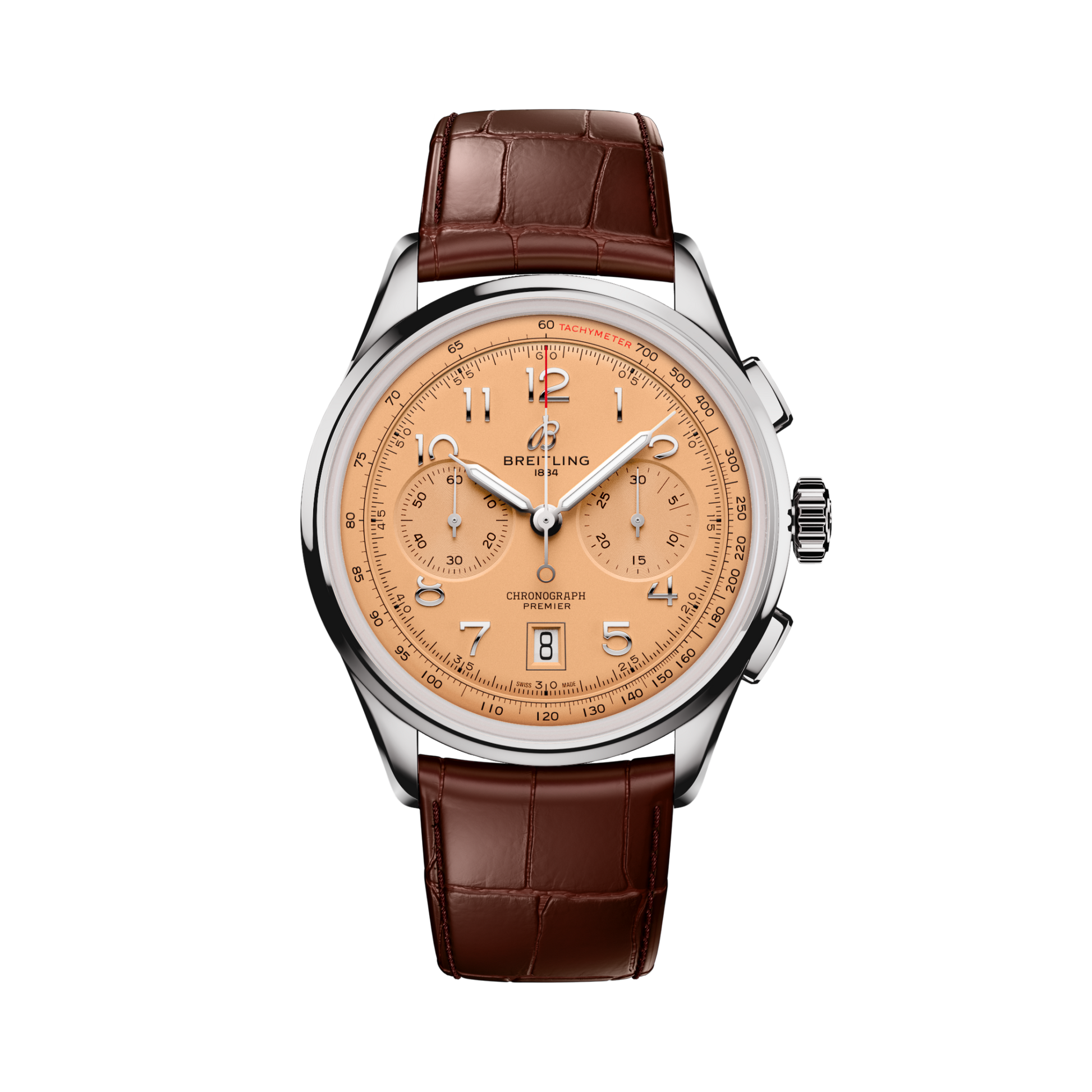 Breitling Premier B01 Chronograph 42 reference AB0145331K1P2 with Copper dial, Stainless steel case, alligator strap, front view