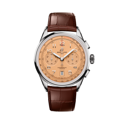 Breitling Premier B01 Chronograph 42 reference AB0145331K1P2 with Copper dial, Stainless steel case, alligator strap, front view