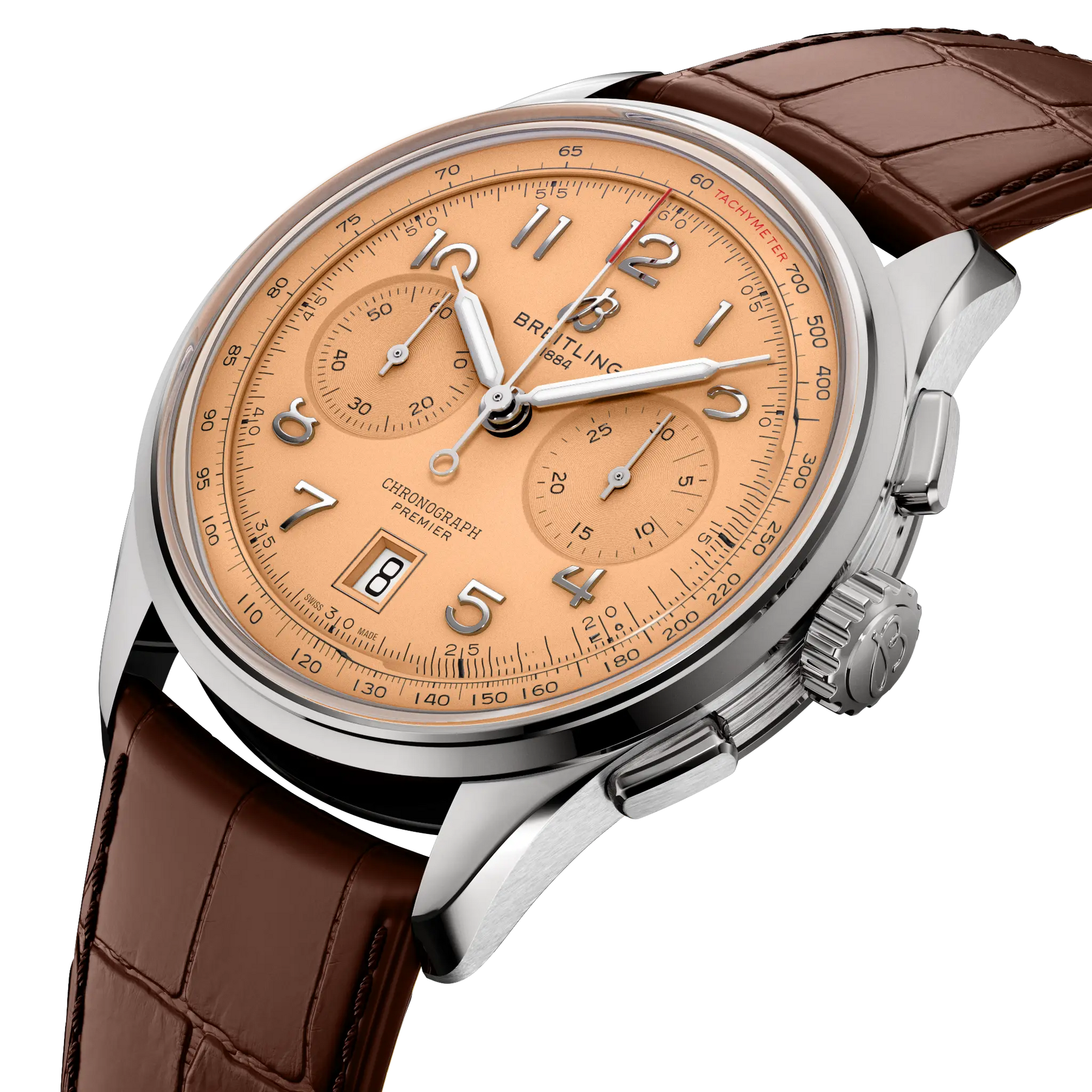 Breitling Premier B01 Chronograph 42 reference AB0145331K1P2 with Copper dial, Stainless steel case, alligator strap, three-quarter view