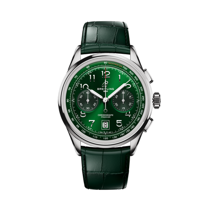 Breitling Premier B01 Chronograph 42 reference AB0145371L1P2 with Green dial, Stainless steel case, alligator strap, front view