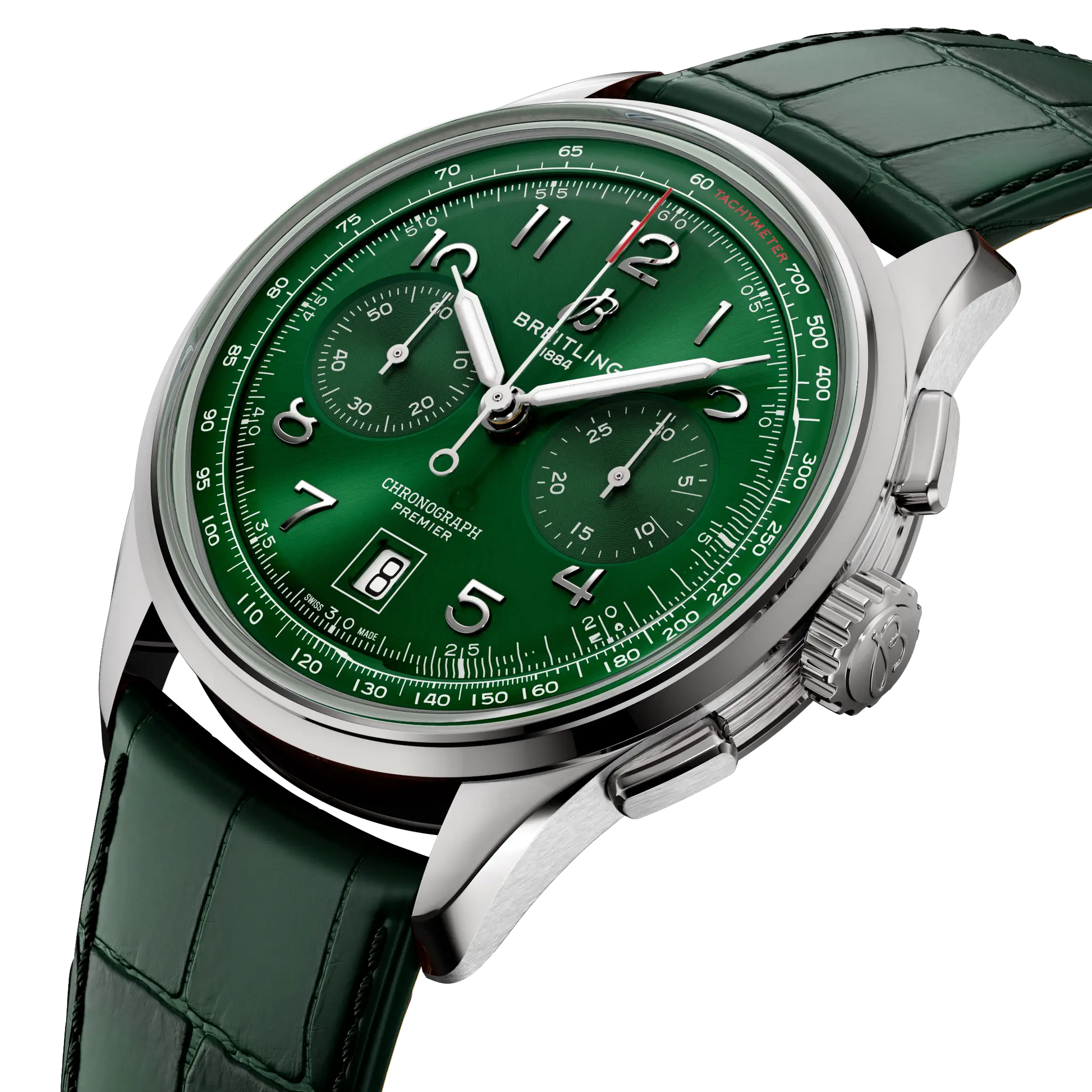Breitling Premier B01 Chronograph 42 reference AB0145371L1P2 with Green dial, Stainless steel case, alligator strap, three-quarter view