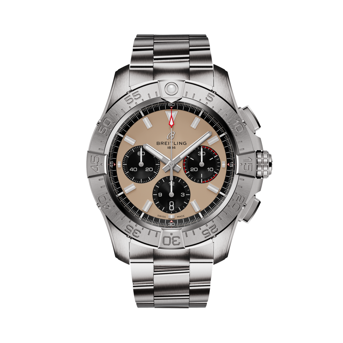 Breitling Avenger B01 Chronograph 44 reference AB0147101A1A1 with Beige dial, Stainless steel case, bracelet, front view