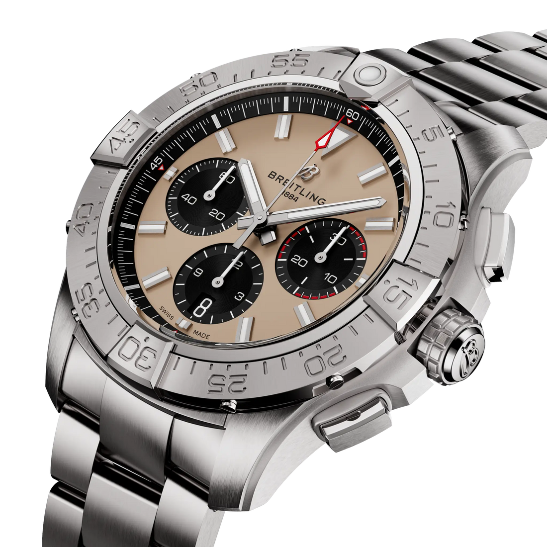 Breitling Avenger B01 Chronograph 44 reference AB0147101A1A1 with Beige dial, Stainless steel case, bracelet, front view
