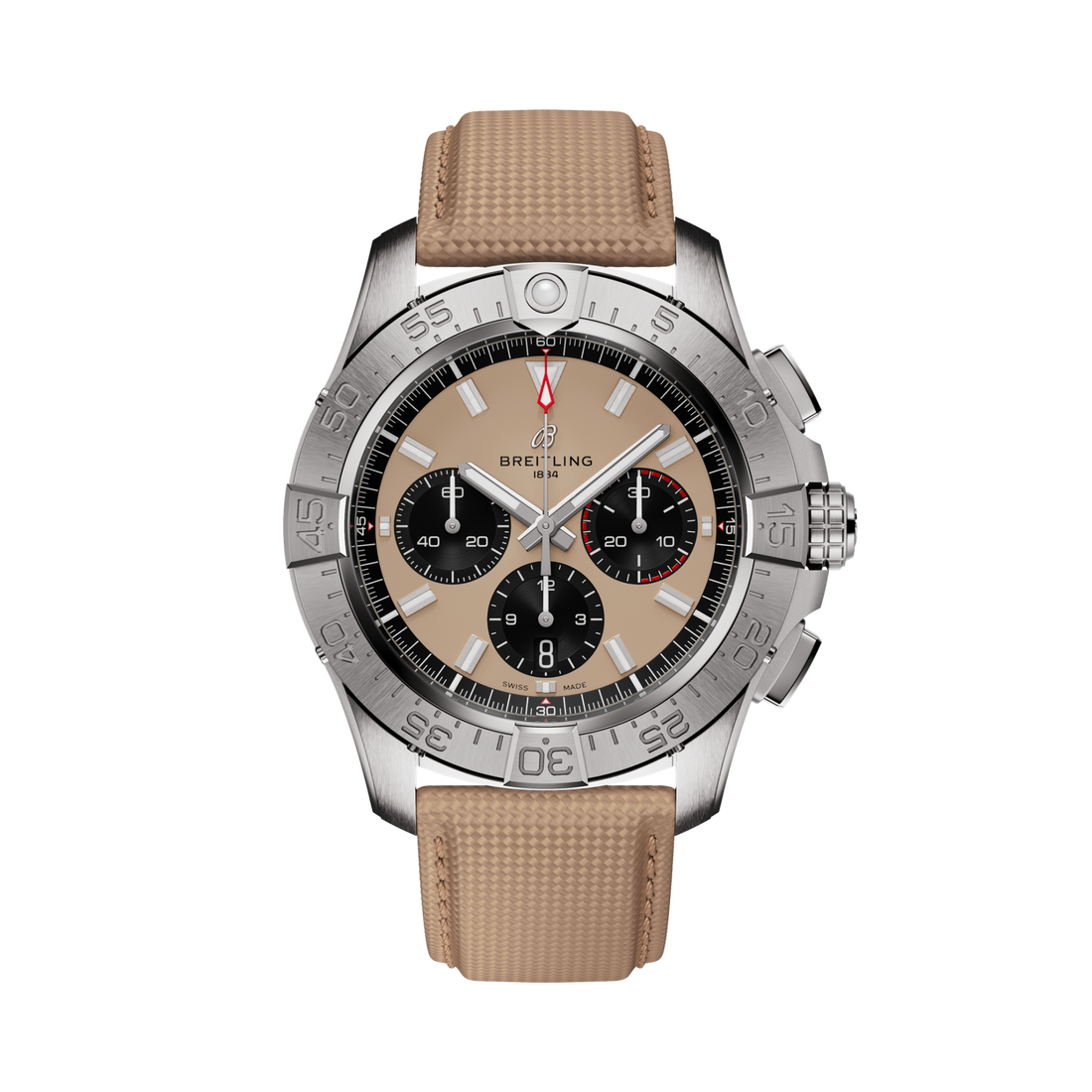 Breitling Avenger B01 Chronograph 44 reference AB0147101A1X1 with Beige dial, Stainless steel case, sand calfskin strap, front view