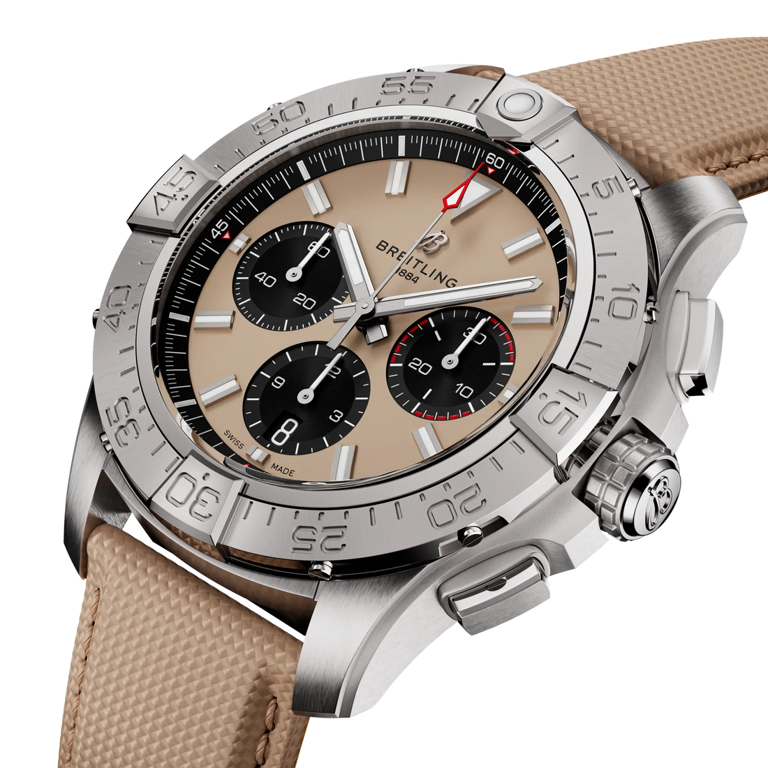 Breitling Avenger B01 Chronograph 44 reference AB0147101A1X1 with Beige dial, Stainless steel case, sand calfskin strap, front view