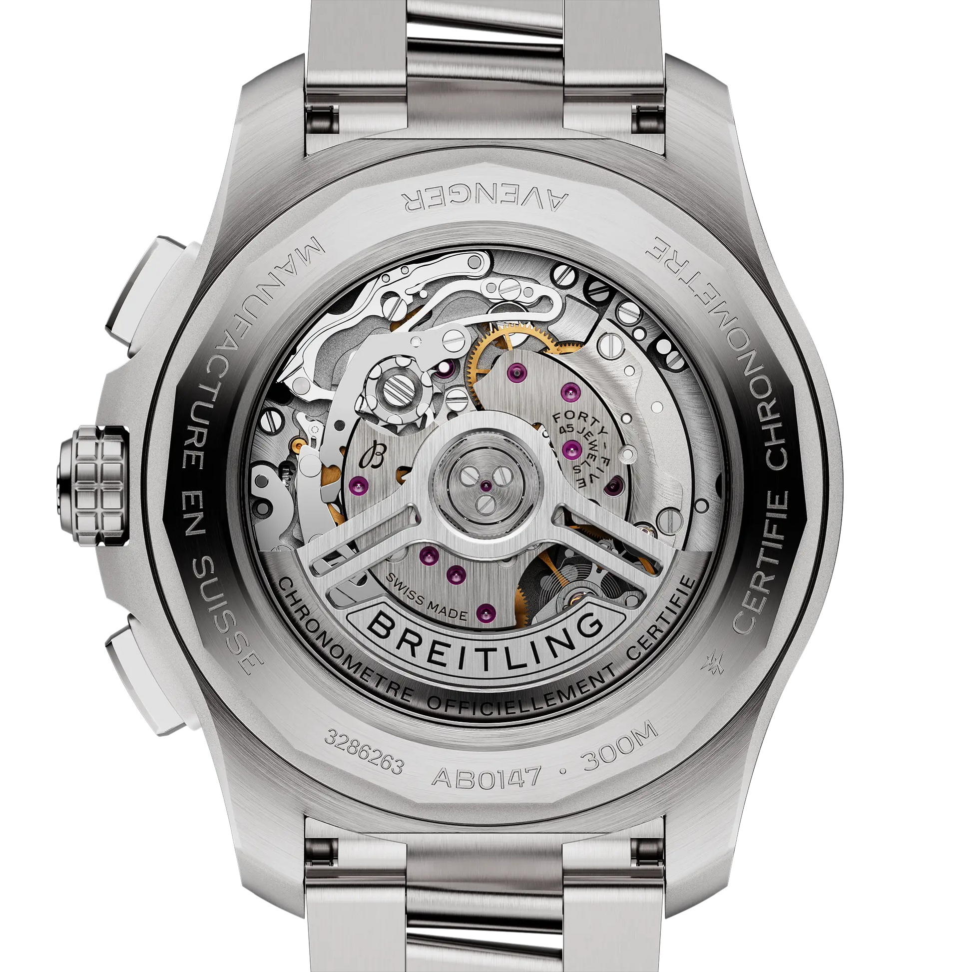 Caseback view of Breitling Avenger B01 Chronograph 44 reference AB0147101B1A1
