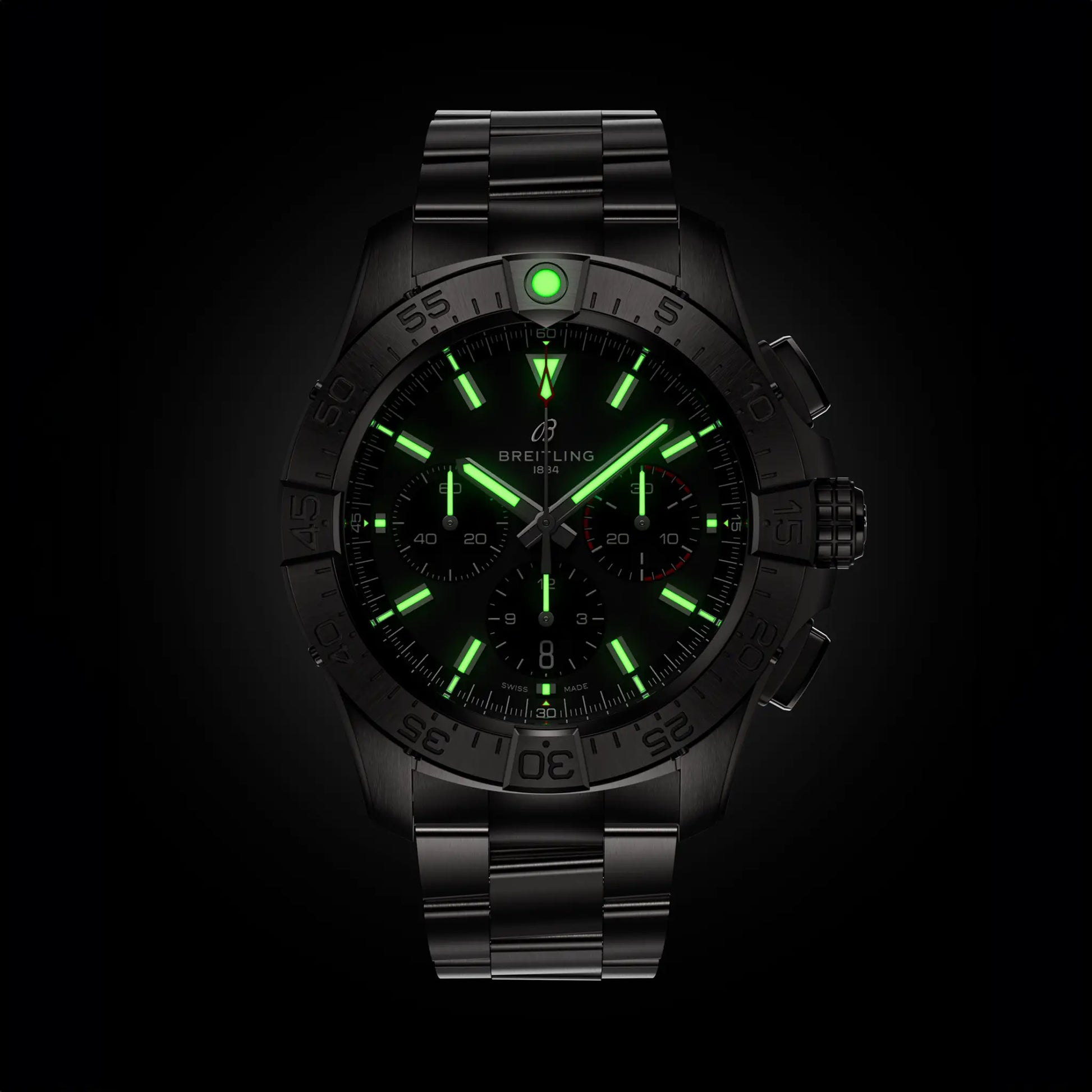 Breitling Avenger B01 Chronograph 44 reference AB0147101B1A1 with Black dial, Stainless steel case, bracelet, illuminated dial view