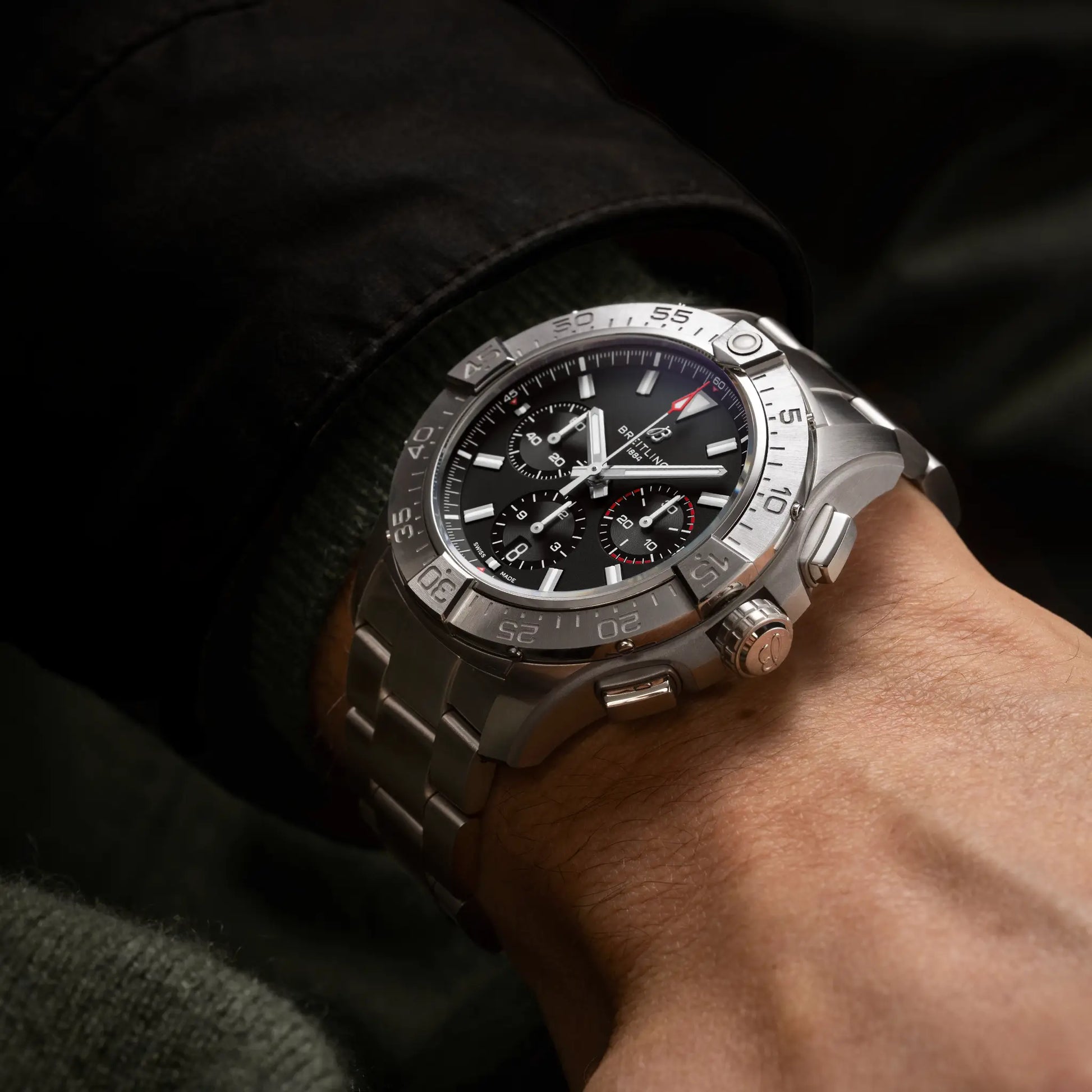 Breitling Avenger B01 Chronograph 44 reference AB0147101B1A1 with Black dial, Stainless steel case, bracelet, on-wrist view