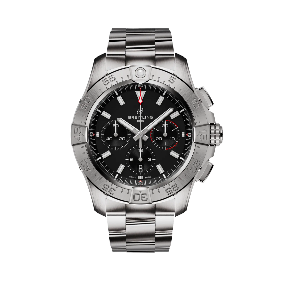 Breitling Avenger B01 Chronograph 44 reference AB0147101B1A1 with Black dial, Stainless steel case, bracelet, front view