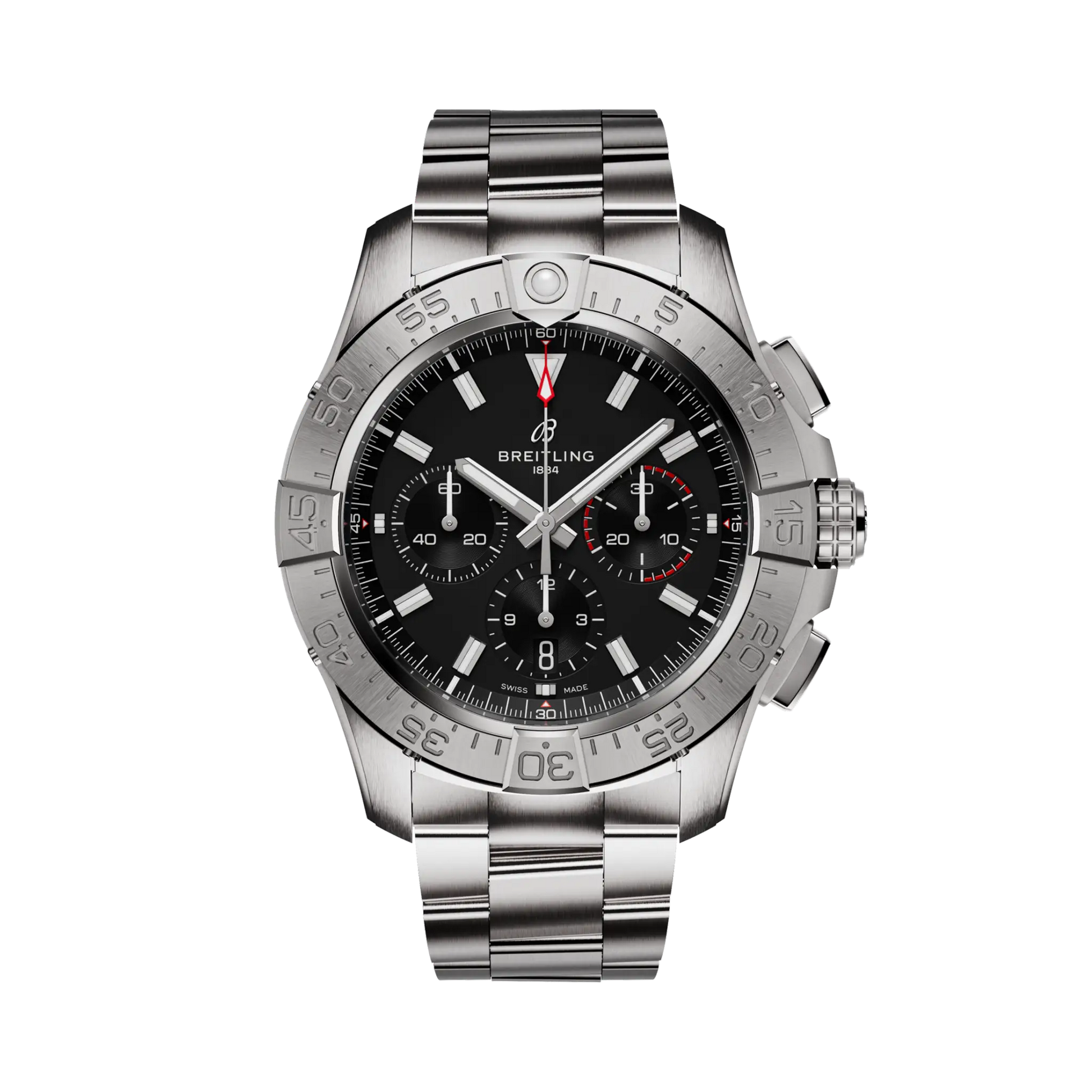 Breitling Avenger B01 Chronograph 44 reference AB0147101B1A1 with Black dial, Stainless steel case, bracelet, front view