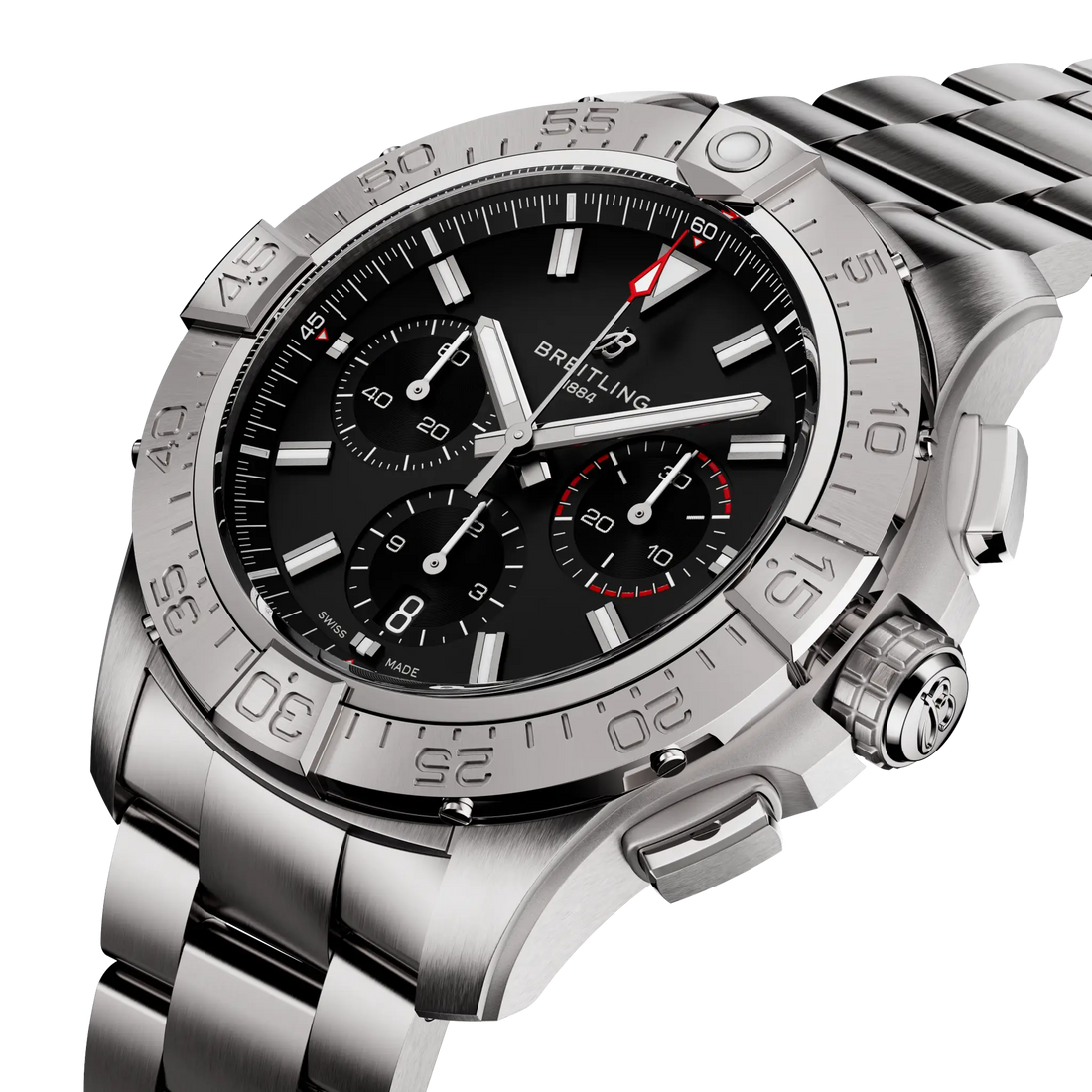 Breitling Avenger B01 Chronograph 44 reference AB0147101B1A1 with Black dial, Stainless steel case, bracelet, front view
