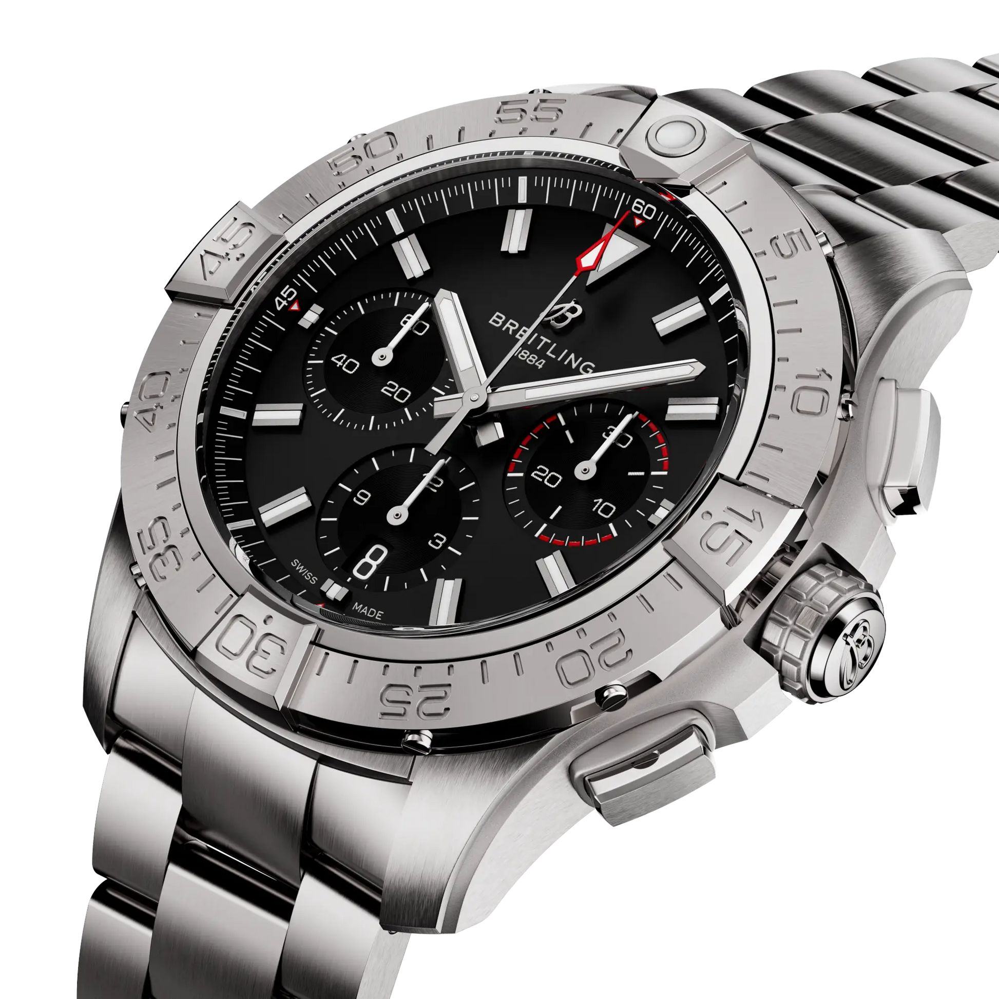 Breitling Avenger B01 Chronograph 44 reference AB0147101B1A1 with Black dial, Stainless steel case, bracelet, three-quarter view