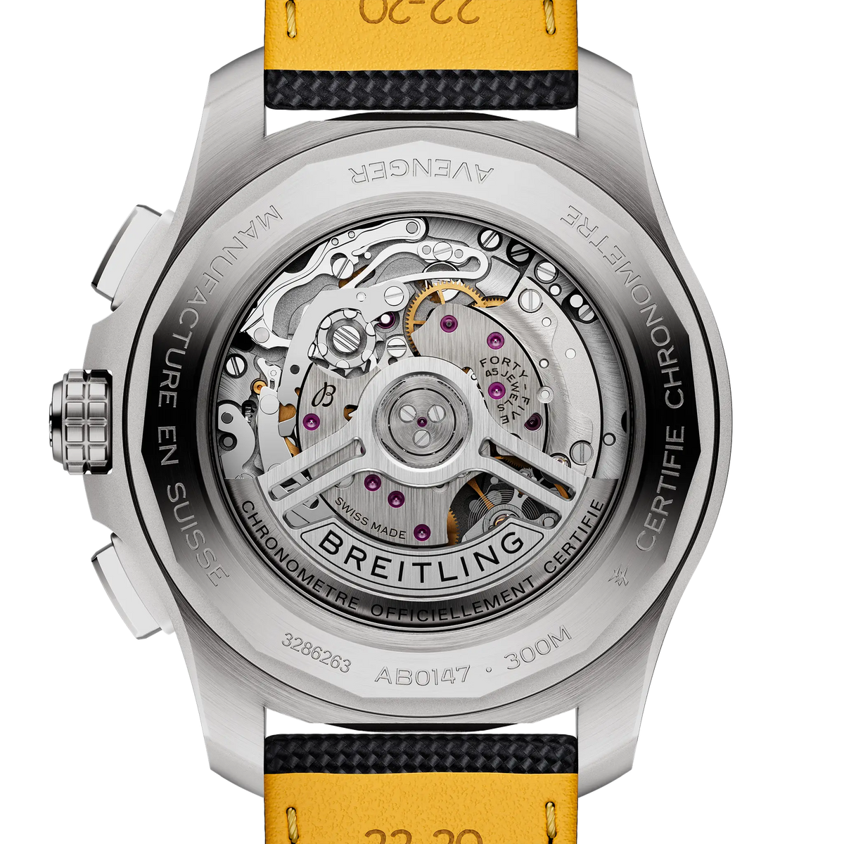 Caseback view of Breitling Avenger B01 Chronograph 44 reference AB0147101B1X1