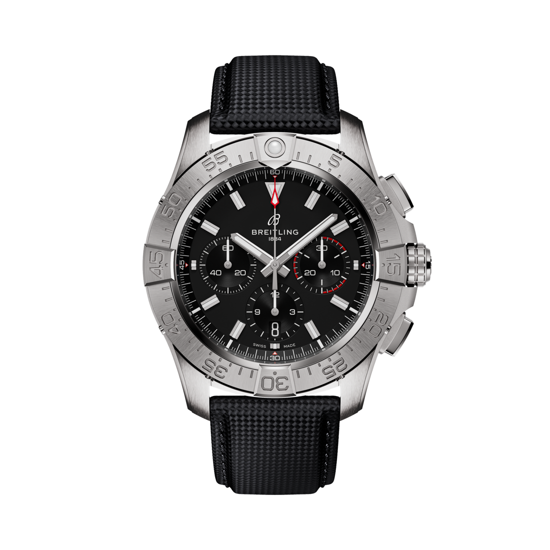 Breitling Avenger B01 Chronograph 44 reference AB0147101B1X1 with Black dial, Stainless steel case, anthracite calfskin strap, front view
