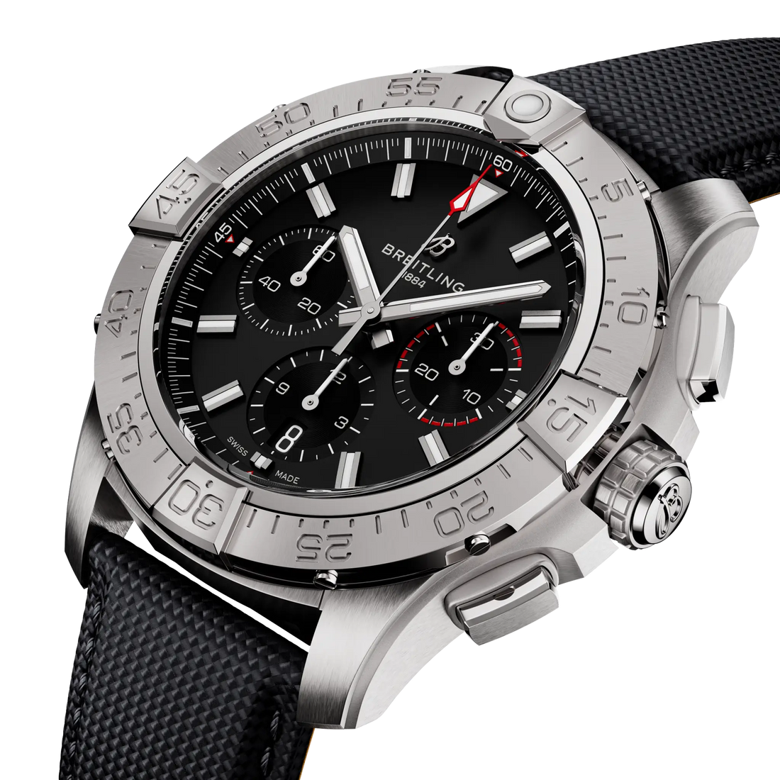 Breitling Avenger B01 Chronograph 44 reference AB0147101B1X1 with Black dial, Stainless steel case, anthracite calfskin strap, front view