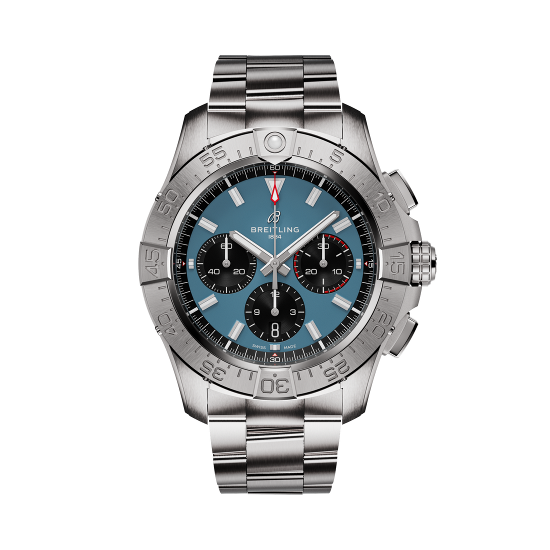 Breitling Avenger B01 Chronograph 44 reference AB0147101C1A1 with Blue dial, Stainless steel case, bracelet, front view