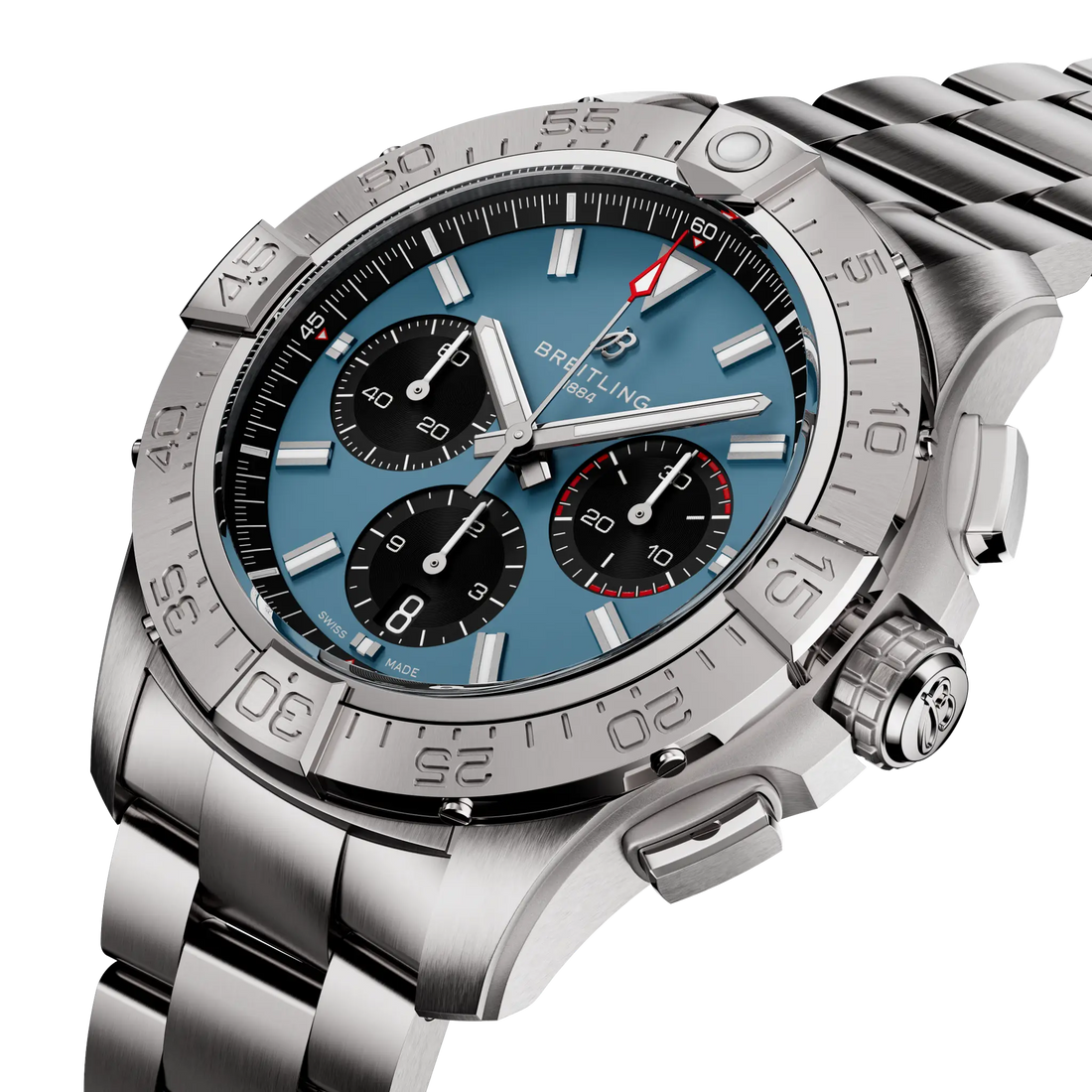 Breitling Avenger B01 Chronograph 44 reference AB0147101C1A1 with Blue dial, Stainless steel case, bracelet, front view