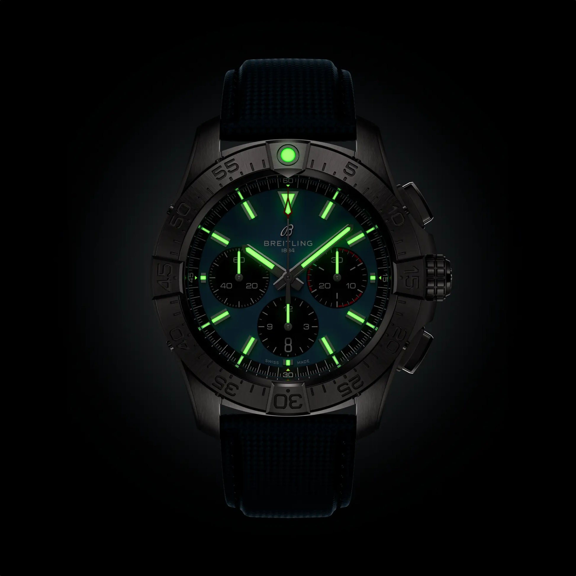 Breitling Avenger B01 Chronograph 44 reference AB0147101C1X1 with Blue dial, Stainless steel case, calfskin strap, illuminated dial view