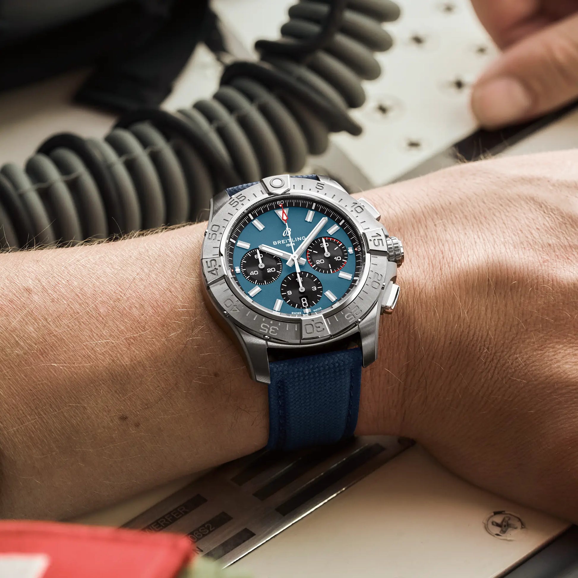 Breitling Avenger B01 Chronograph 44 reference AB0147101C1X1 with Blue dial, Stainless steel case, calfskin strap, on-wrist view