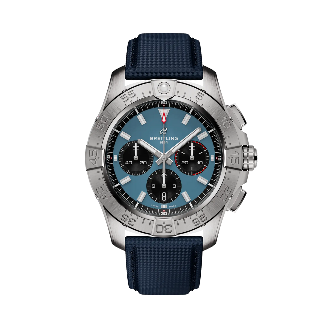 Breitling Avenger B01 Chronograph 44 reference AB0147101C1X1 with Blue dial, Stainless steel case, calfskin strap, front view