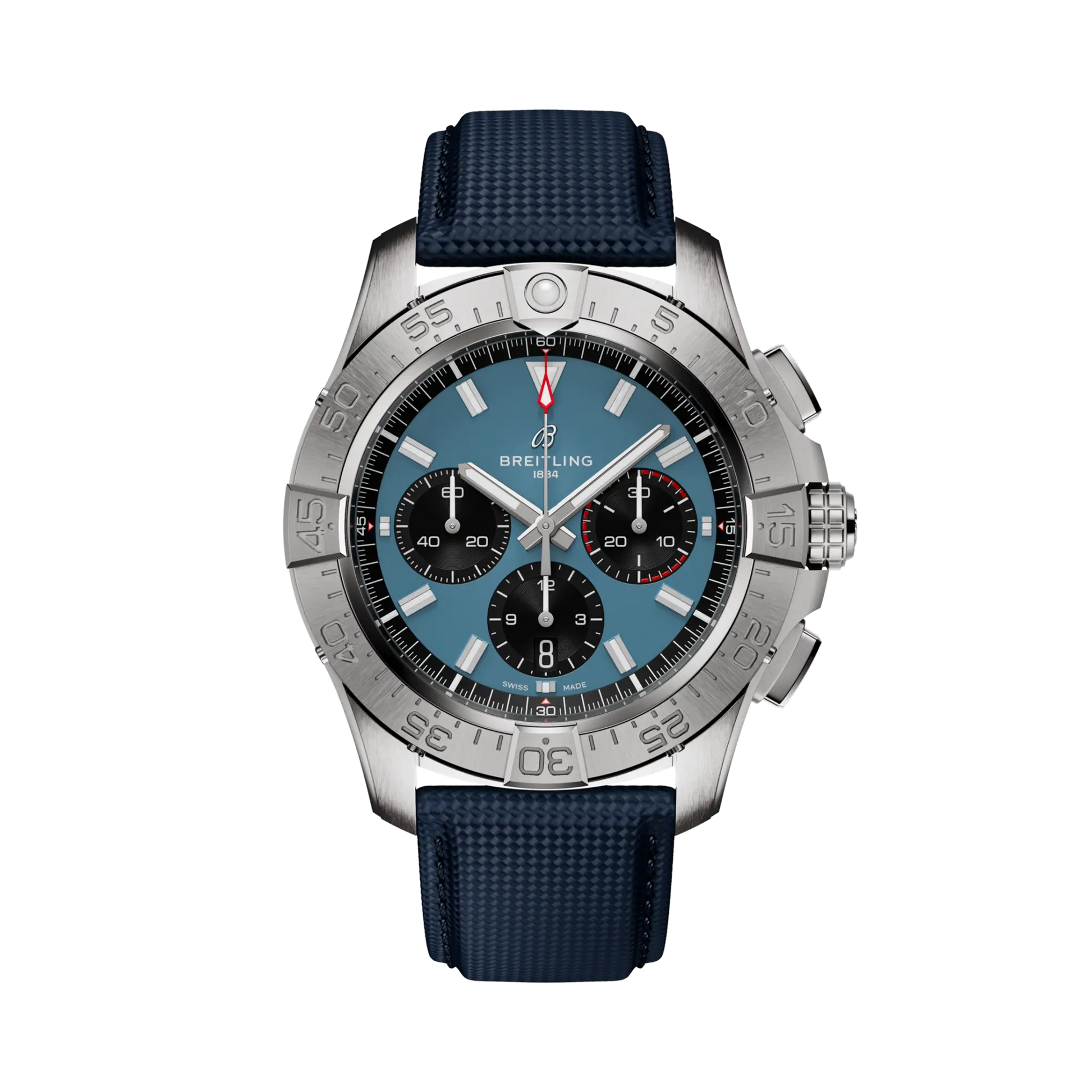 Breitling Avenger B01 Chronograph 44 reference AB0147101C1X1 with Blue dial, Stainless steel case, calfskin strap, front view