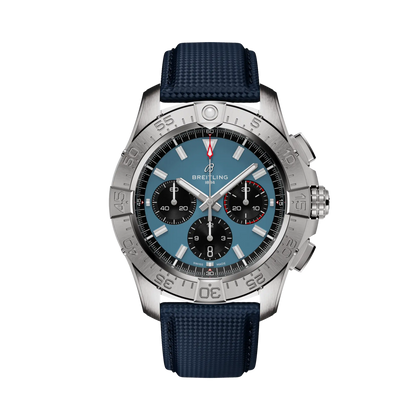 Breitling Avenger B01 Chronograph 44 reference AB0147101C1X1 with Blue dial, Stainless steel case, calfskin strap, front view