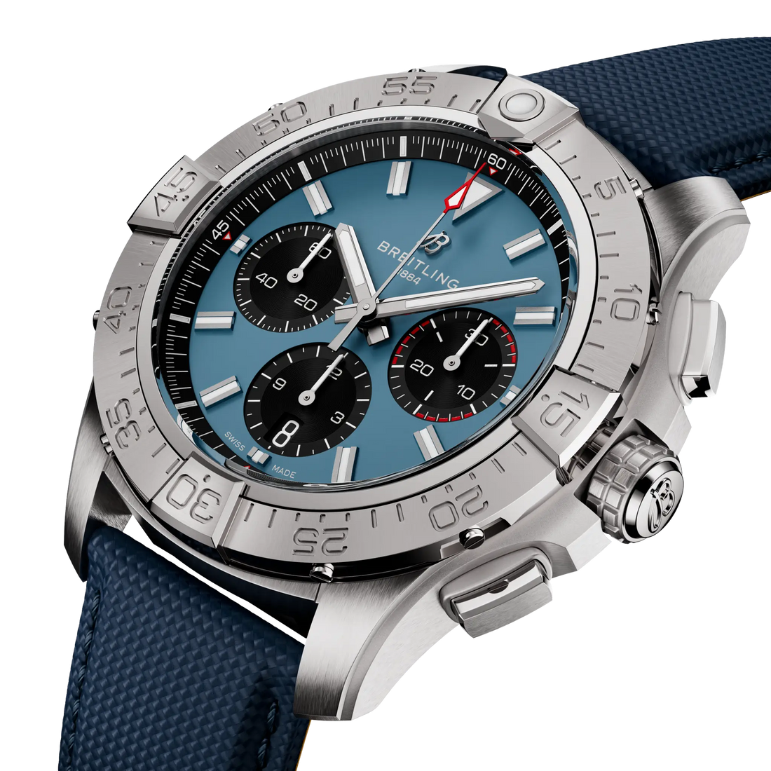 Breitling Avenger B01 Chronograph 44 reference AB0147101C1X1 with Blue dial, Stainless steel case, calfskin strap, front view