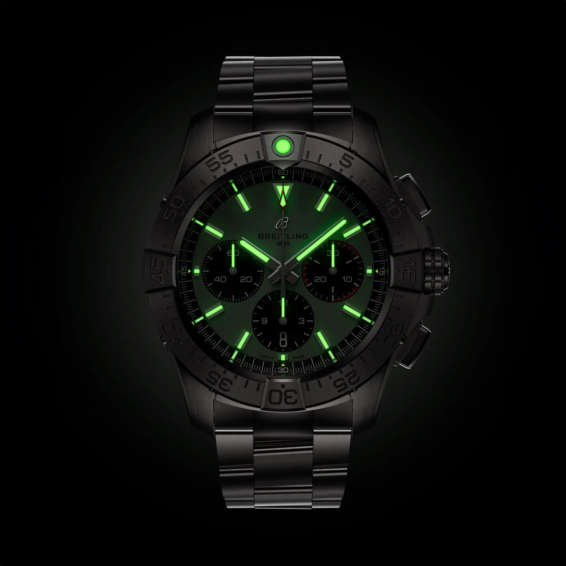 Breitling Avenger B01 Chronograph 44 reference AB0147101L1A1 with Green dial, Stainless steel case, bracelet, illuminated dial view