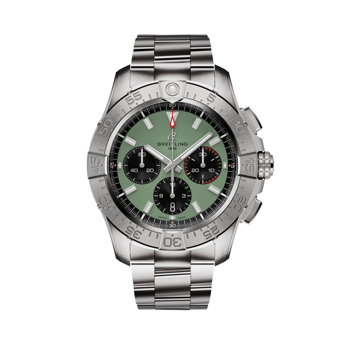 Breitling Avenger B01 Chronograph 44 reference AB0147101L1A1 with Green dial, Stainless steel case, bracelet, front view