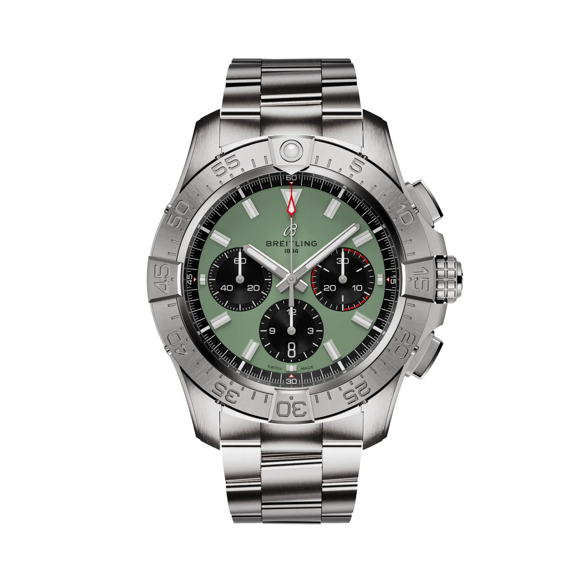 Breitling Avenger B01 Chronograph 44 reference AB0147101L1A1 with Green dial, Stainless steel case, bracelet, front view
