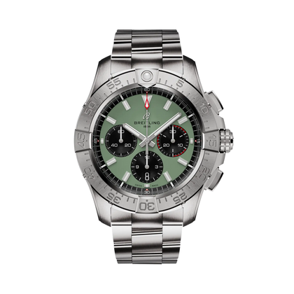 Breitling Avenger B01 Chronograph 44 reference AB0147101L1A1 with Green dial, Stainless steel case, bracelet, front view