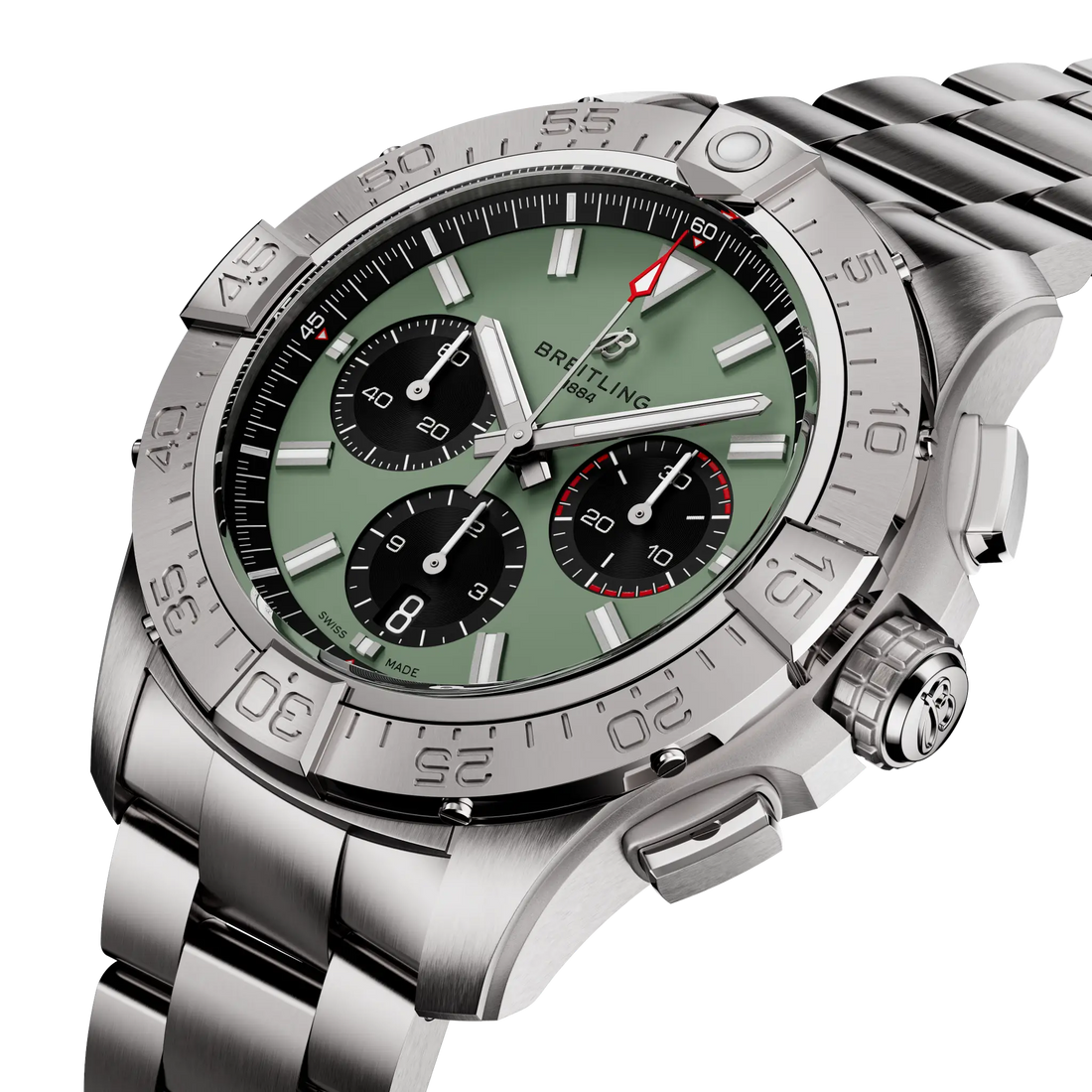 Breitling Avenger B01 Chronograph 44 reference AB0147101L1A1 with Green dial, Stainless steel case, bracelet, front view