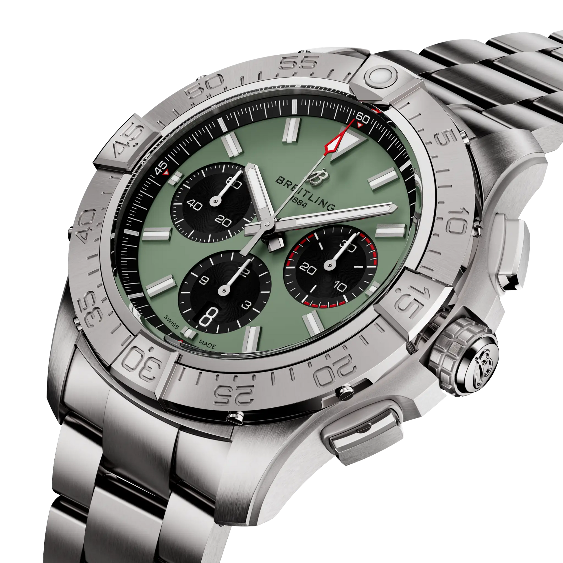 Breitling Avenger B01 Chronograph 44 reference AB0147101L1A1 with Green dial, Stainless steel case, bracelet, three-quarter view