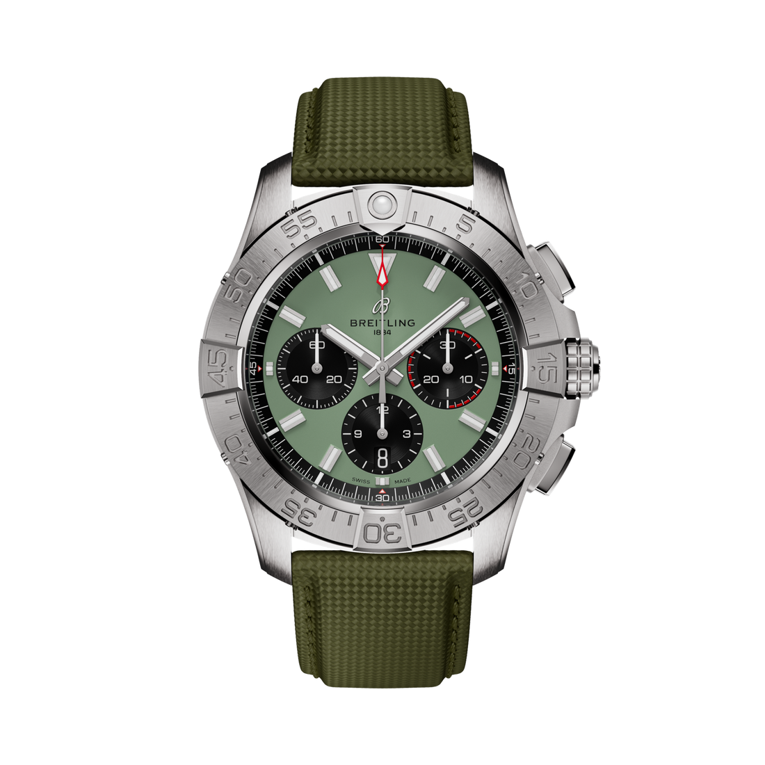 Breitling Avenger B01 Chronograph 44 reference AB0147101L1X1 with Green dial, Stainless steel case, green calfskin strap, front view