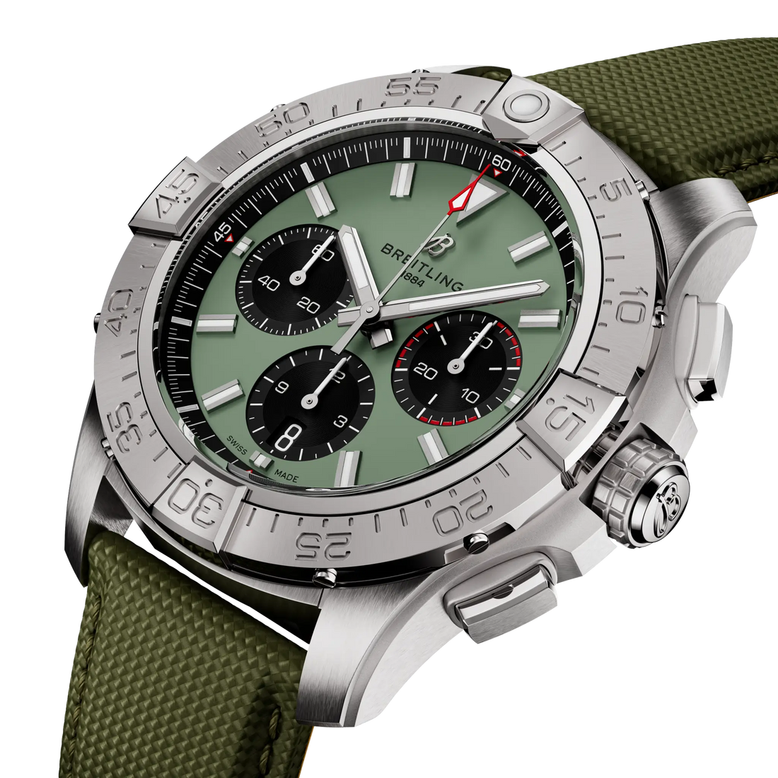 Breitling Avenger B01 Chronograph 44 reference AB0147101L1X1 with Green dial, Stainless steel case, green calfskin strap, front view