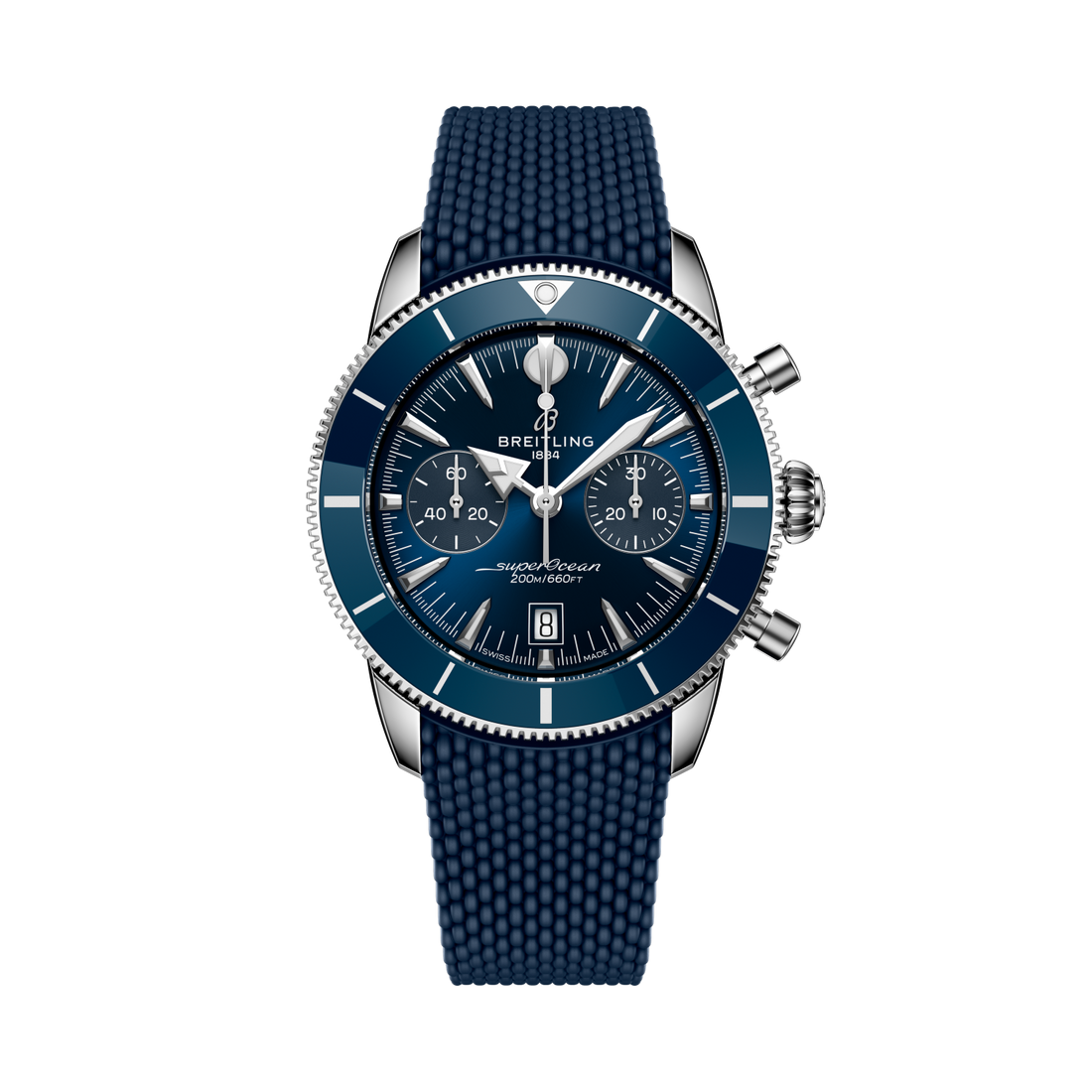 Breitling Superocean Heritage B01 Chronograph 42 reference AB0156161C1S1 with Blue dial, Stainless steel case, blue rubber strap, front view