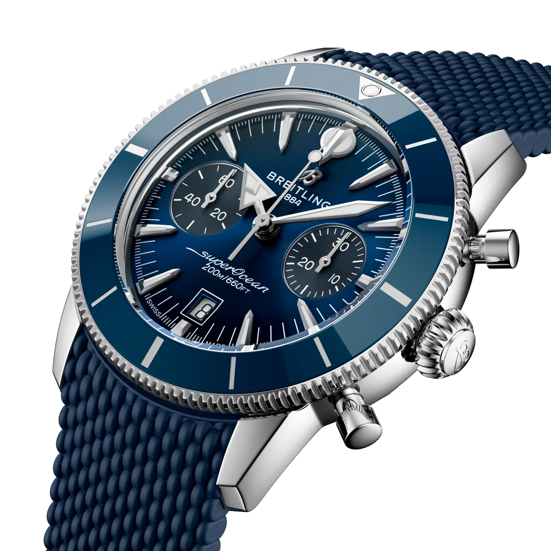 Breitling Superocean Heritage B01 Chronograph 42 reference AB0156161C1S1 with Blue dial, Stainless steel case, blue rubber strap, front view