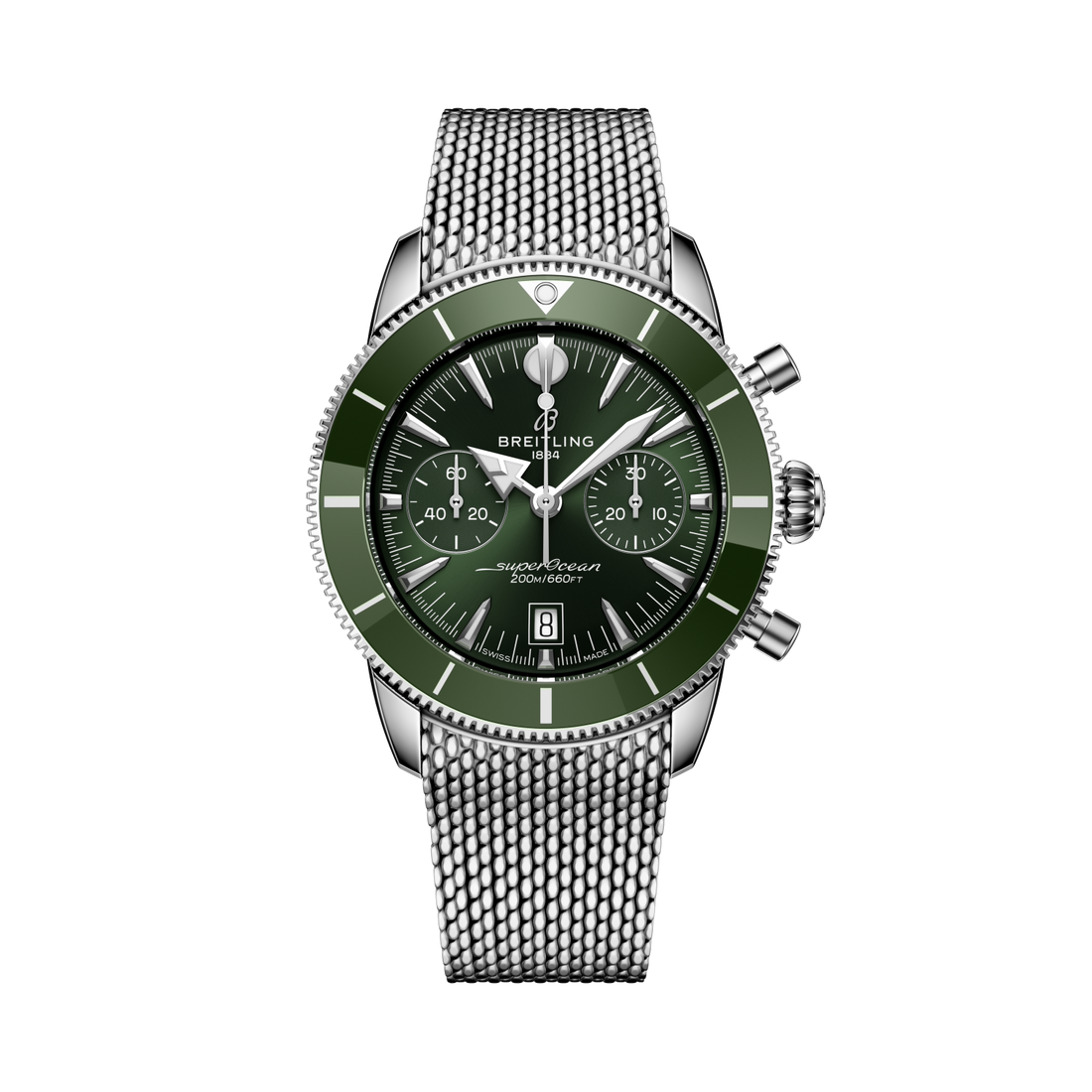 Breitling Superocean Heritage B01 Chronograph 42 reference AB0156361L1A1 with Green dial, Stainless steel case, bracelet, front view