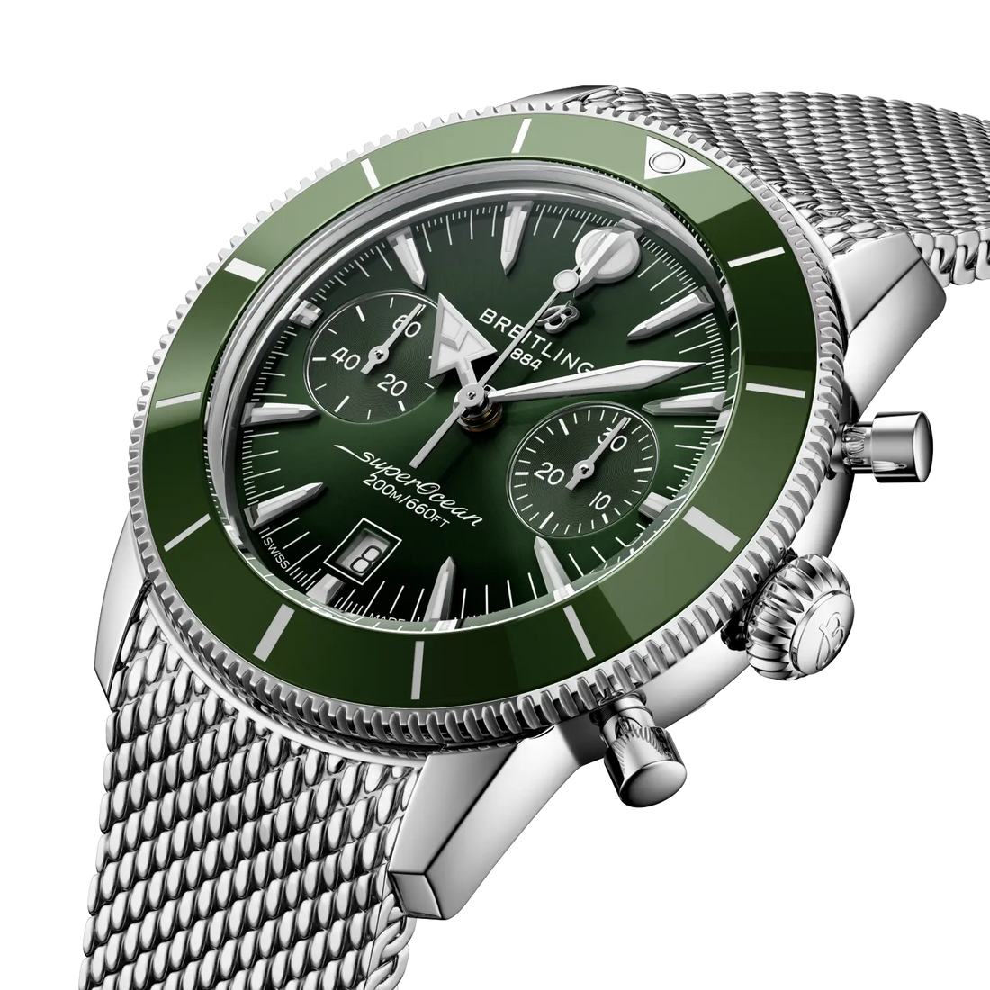 Breitling Superocean Heritage B01 Chronograph 42 reference AB0156361L1A1 with Green dial, Stainless steel case, bracelet, front view