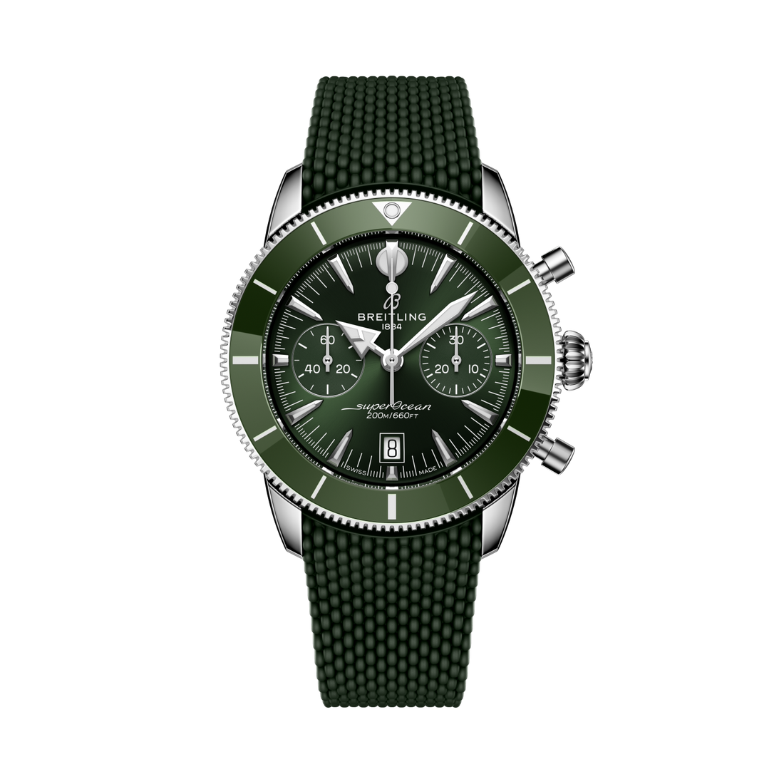 Breitling Superocean Heritage B01 Chronograph 42 reference AB0156361L1S1 with Green dial, Stainless steel case, green rubber strap, front view