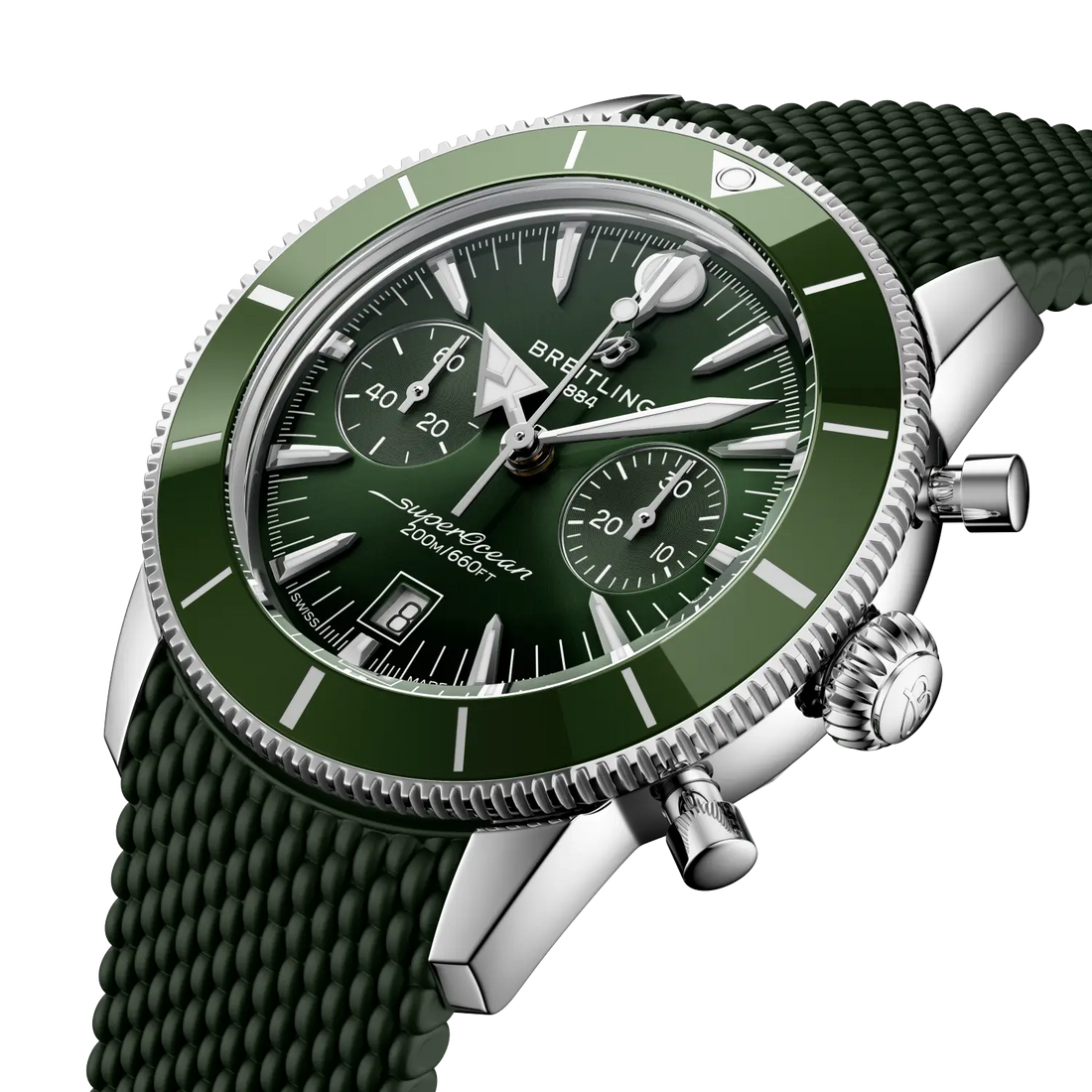 Breitling Superocean Heritage B01 Chronograph 42 reference AB0156361L1S1 with Green dial, Stainless steel case, green rubber strap, front view