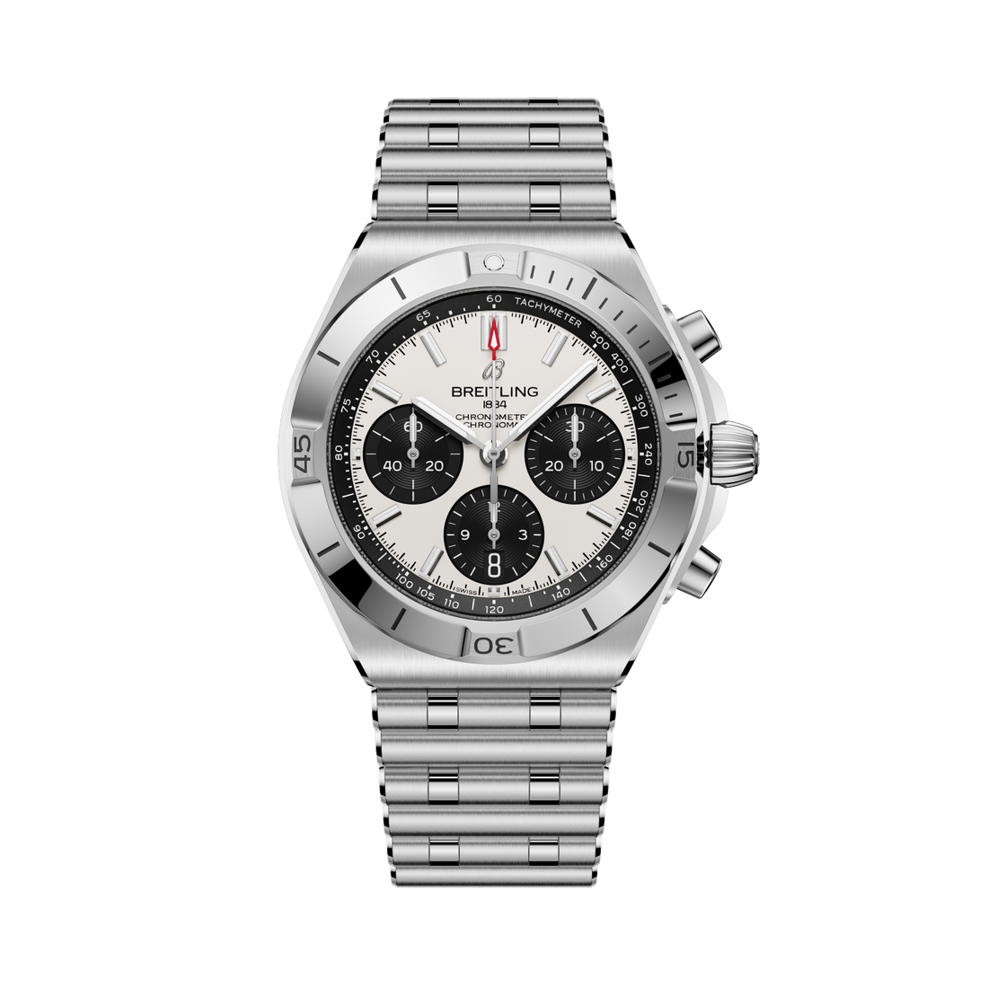 Breitling Chronomat B01 Chronograph 42 reference AB0158101A1A1 with White dial, Stainless steel case, bracelet, front view