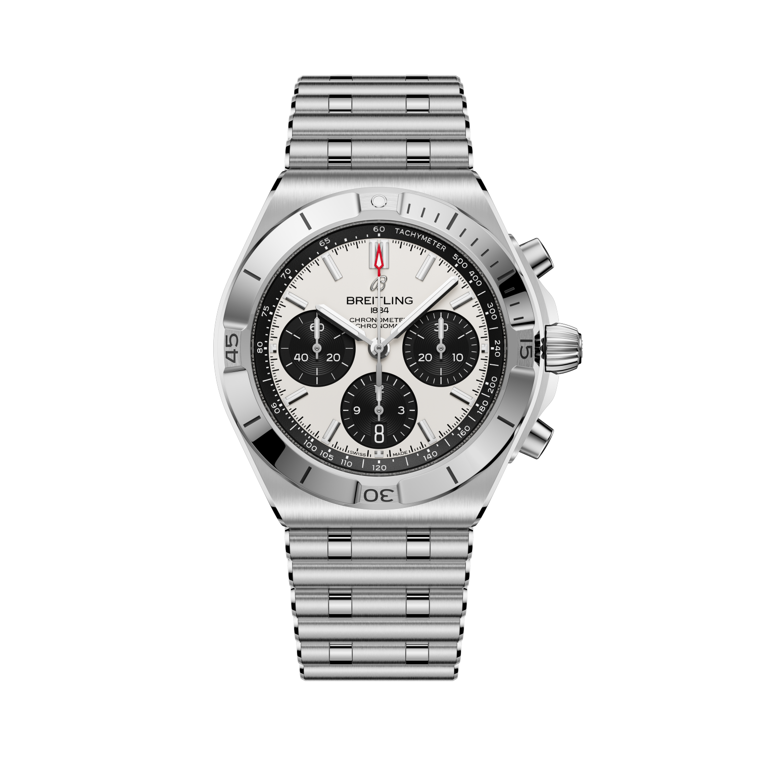 Breitling Chronomat B01 Chronograph 42 reference AB0158101A1A1 with White dial, Stainless steel case, bracelet, front view