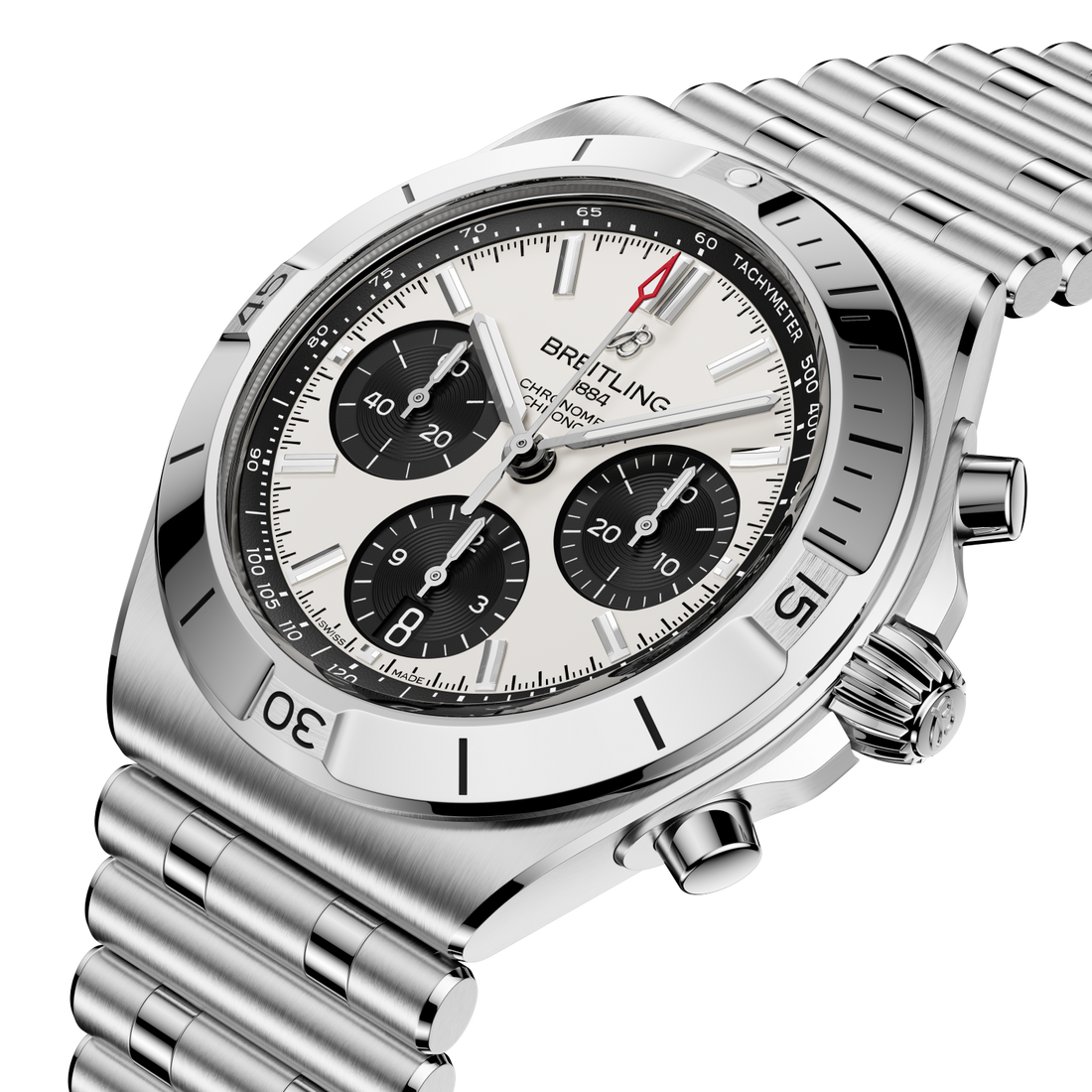 Breitling Chronomat B01 Chronograph 42 reference AB0158101A1A1 with White dial, Stainless steel case, bracelet, front view
