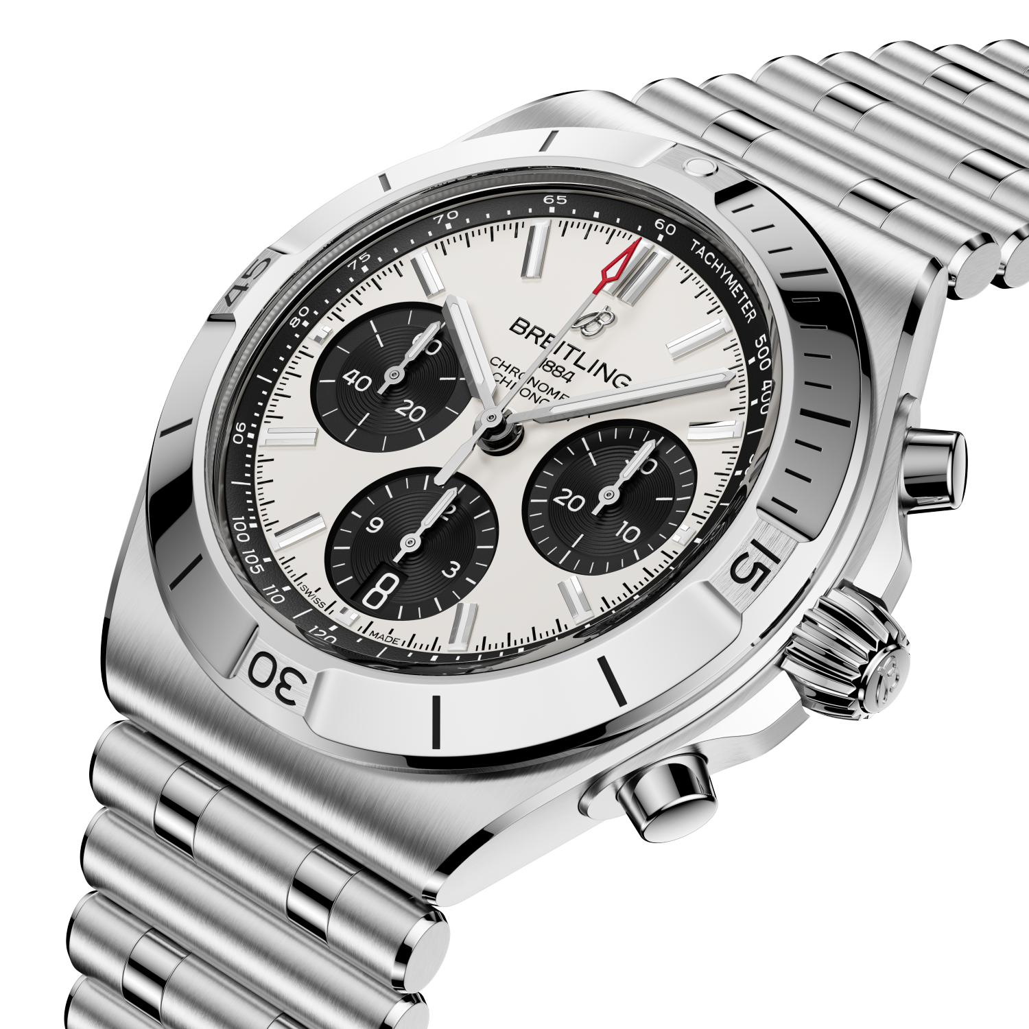Breitling Chronomat B01 Chronograph 42 reference AB0158101A1A1 with White dial, Stainless steel case, bracelet, three-quarter view