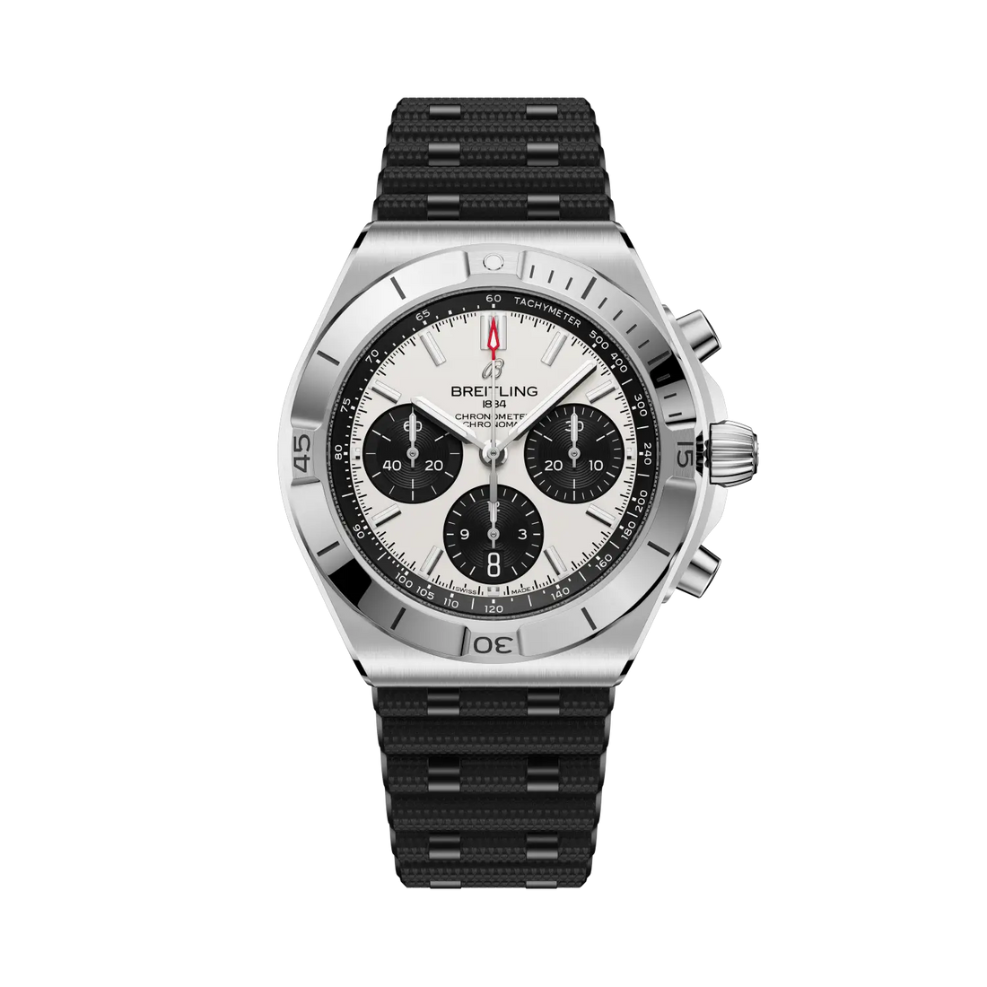 Breitling Chronomat B01 Chronograph 42 reference AB0158101A1S1 with White dial, Stainless steel case, rubber strap, front view