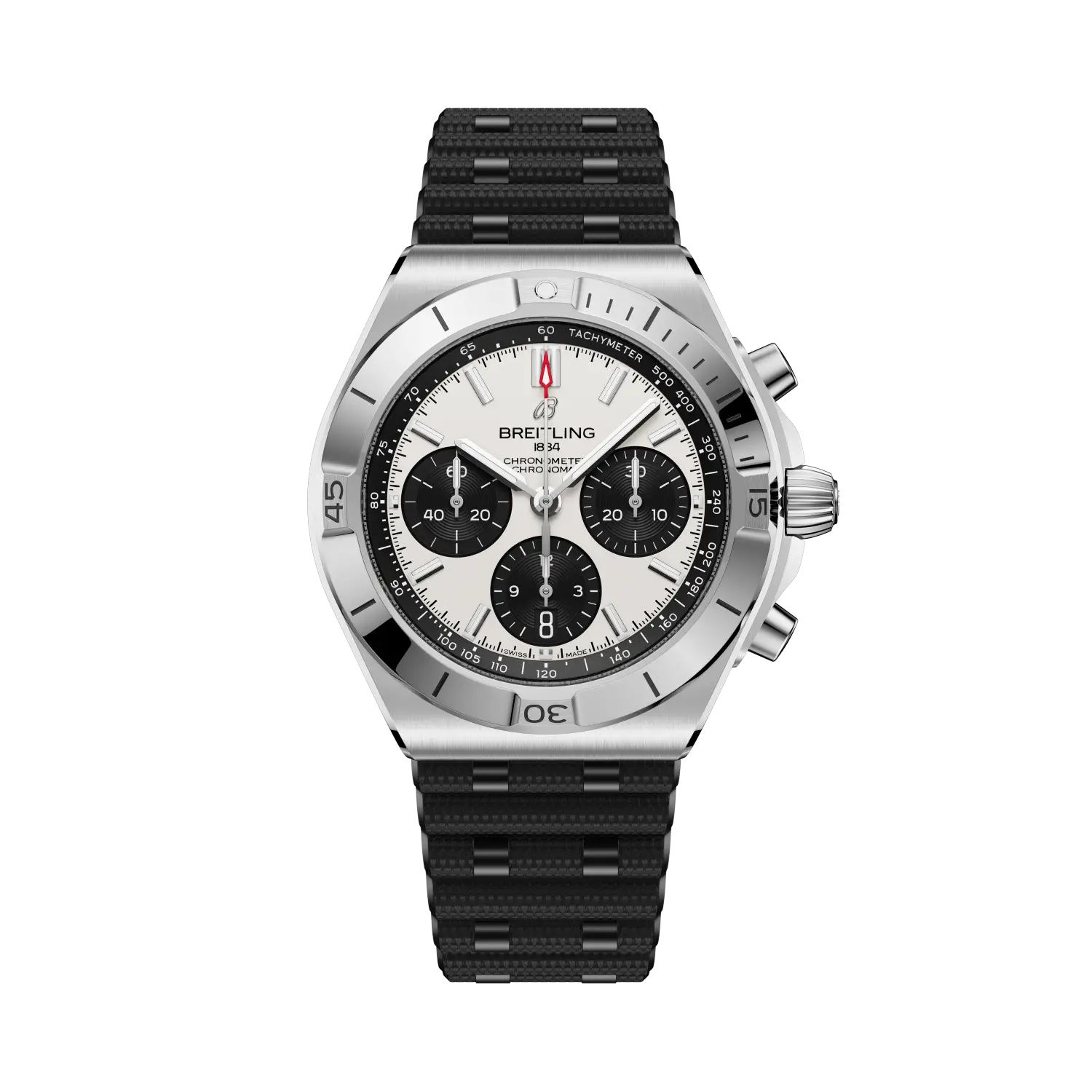 Breitling Chronomat B01 Chronograph 42 reference AB0158101A1S1 with White dial, Stainless steel case, rubber strap, front view